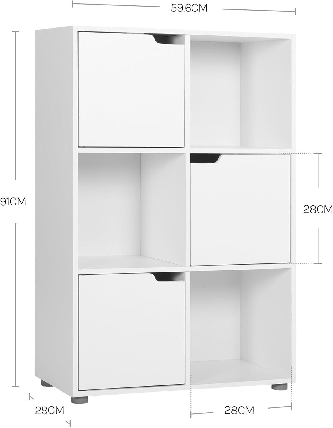 Woltu Bücherregal, 1-tlg., Standregal mit 3 Türen, MDF, 6 Fächer, Anti-Kipp-Vorrichtung
