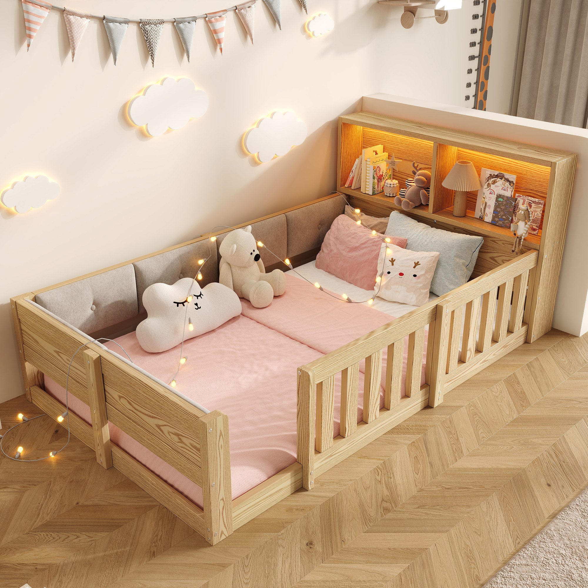 Flieks Holzbett, Kinderbett Bodenbett 90x200cm mit LED-Lichtleiste