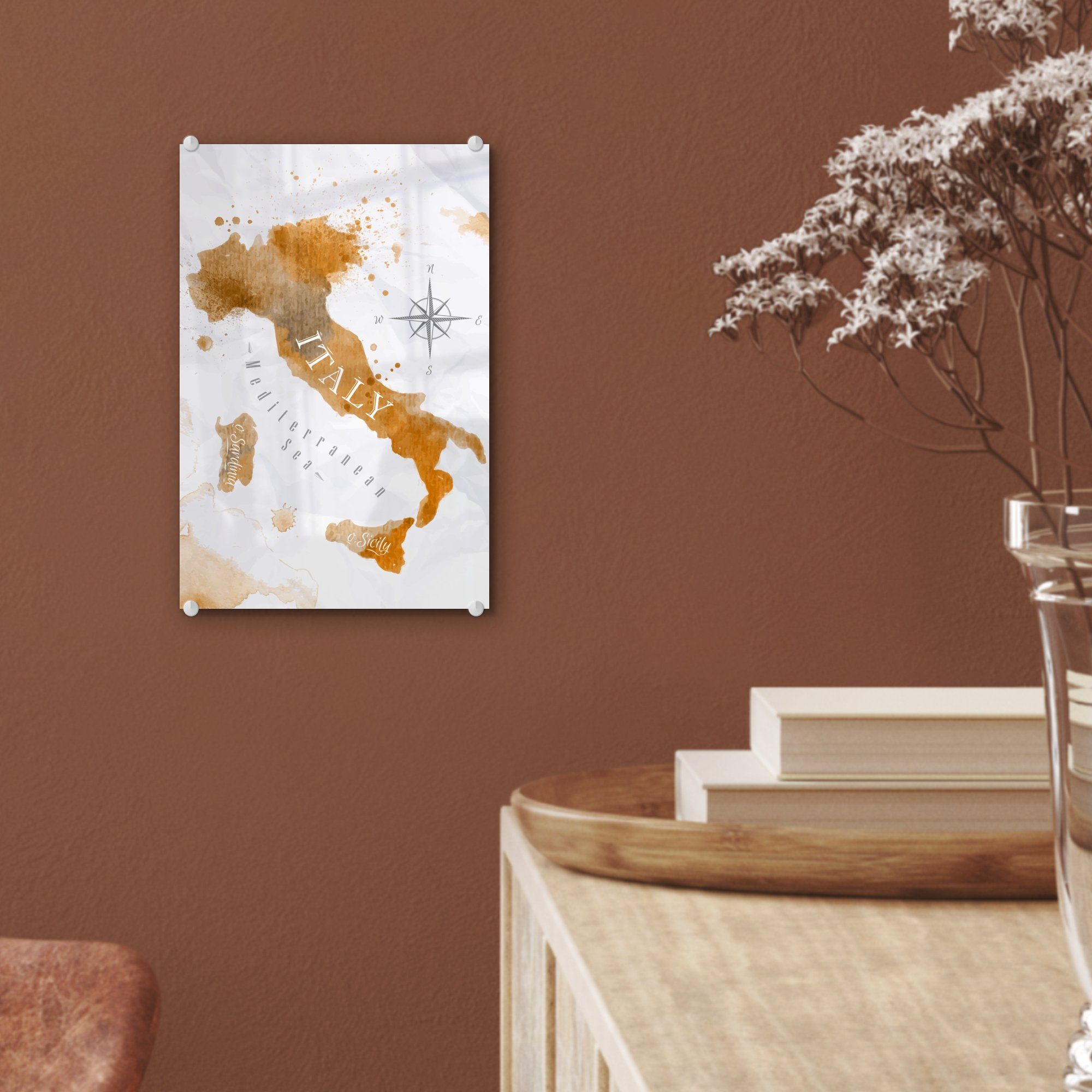 Aquarell, Wandbild Gold Bilder (1 Glas Foto - Wanddekoration Glas - St), Glasbilder - - auf auf - Weltkarte Acrylglasbild MuchoWow