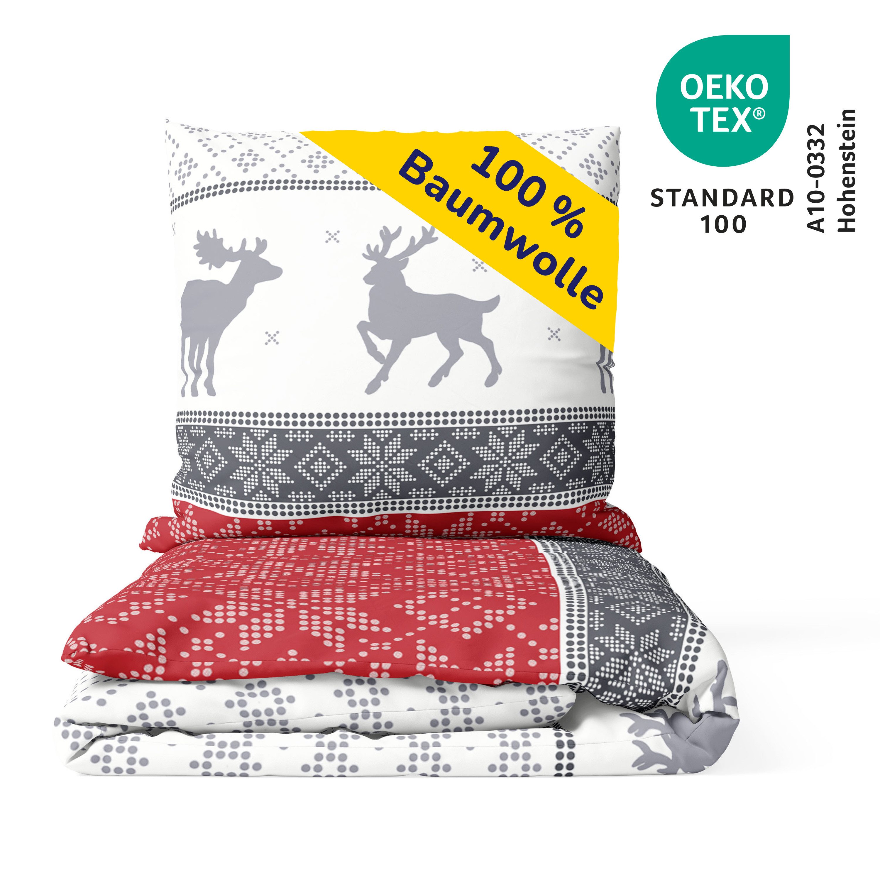 Träumschön Bettwäsche Biber 135x200 Winter, Rentier Weihnachts-Bettwäsche bordeaux, Biber, 2 teilig
