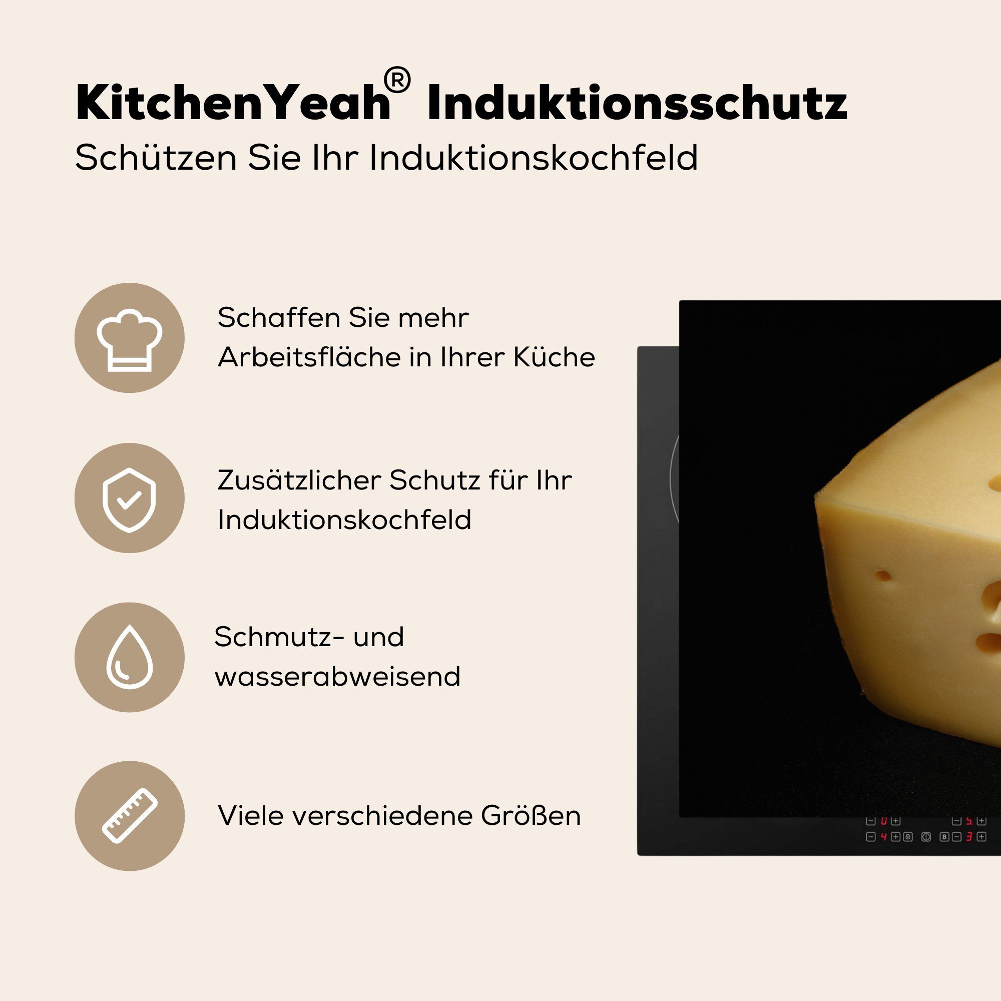 MuchoWow Herdblende-/Abdeckplatte Schweizer Arbeitsfläche (1 70x52 Vinyl, tlg), schwarzem cm, Mobile auf Hintergrund, Ceranfeldabdeckung Käse nutzbar