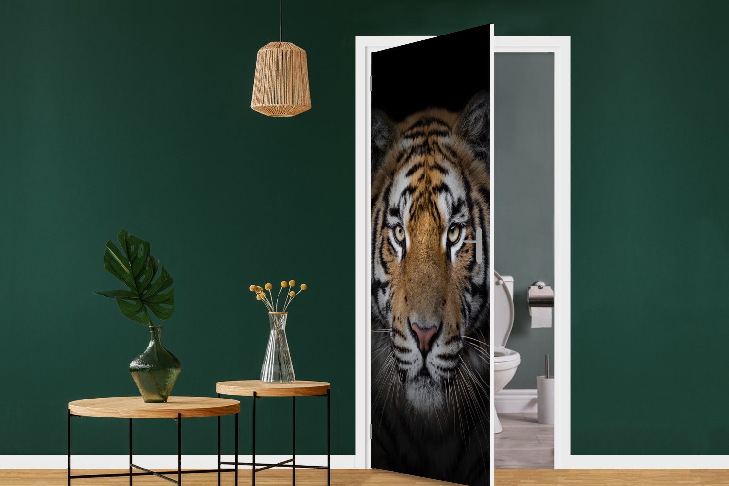 MuchoWow Türtapete Tiger Schwarz Matt, - cm 75x205 (1 Fototapete Tür, Wildtiere Türaufkleber, - Tiere, - bedruckt, - Porträt für St)
