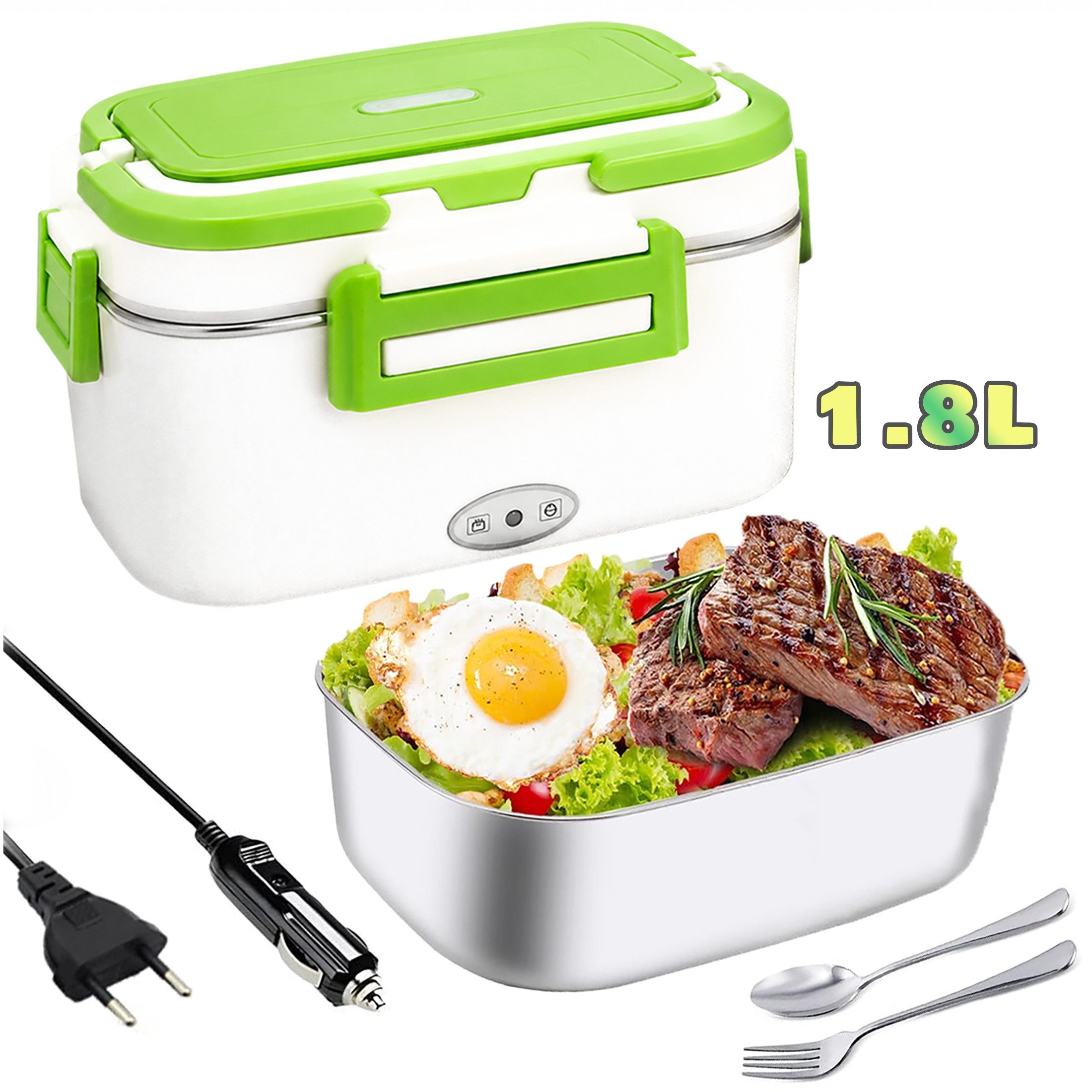 Fyrove Elektrische Lunchbox 80W Warmhaltebox Für Essen, 1,8L Aufwärmbehälter, (Für Essen 3-in-1 Electric Lunch Box, Selbsterhitzende Dosen, 12V/24V/230V für Arbeit & Auto), inkl. Besteck