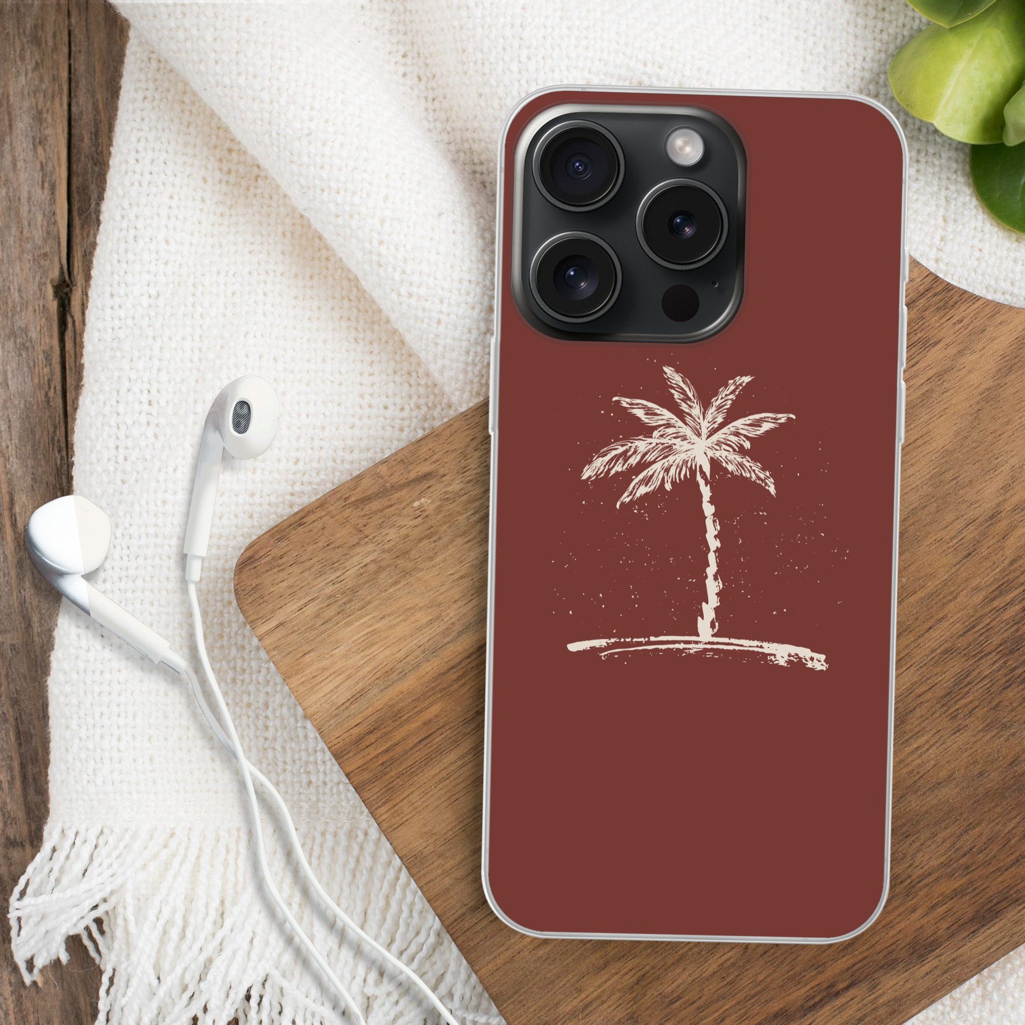 MuchoWow Handyhülle für Apple iPhone 15 Pro Palme - Beige - Rot - Tropisch, Smartphone-Bumper, Print, Handy Schutzhülle Dünn