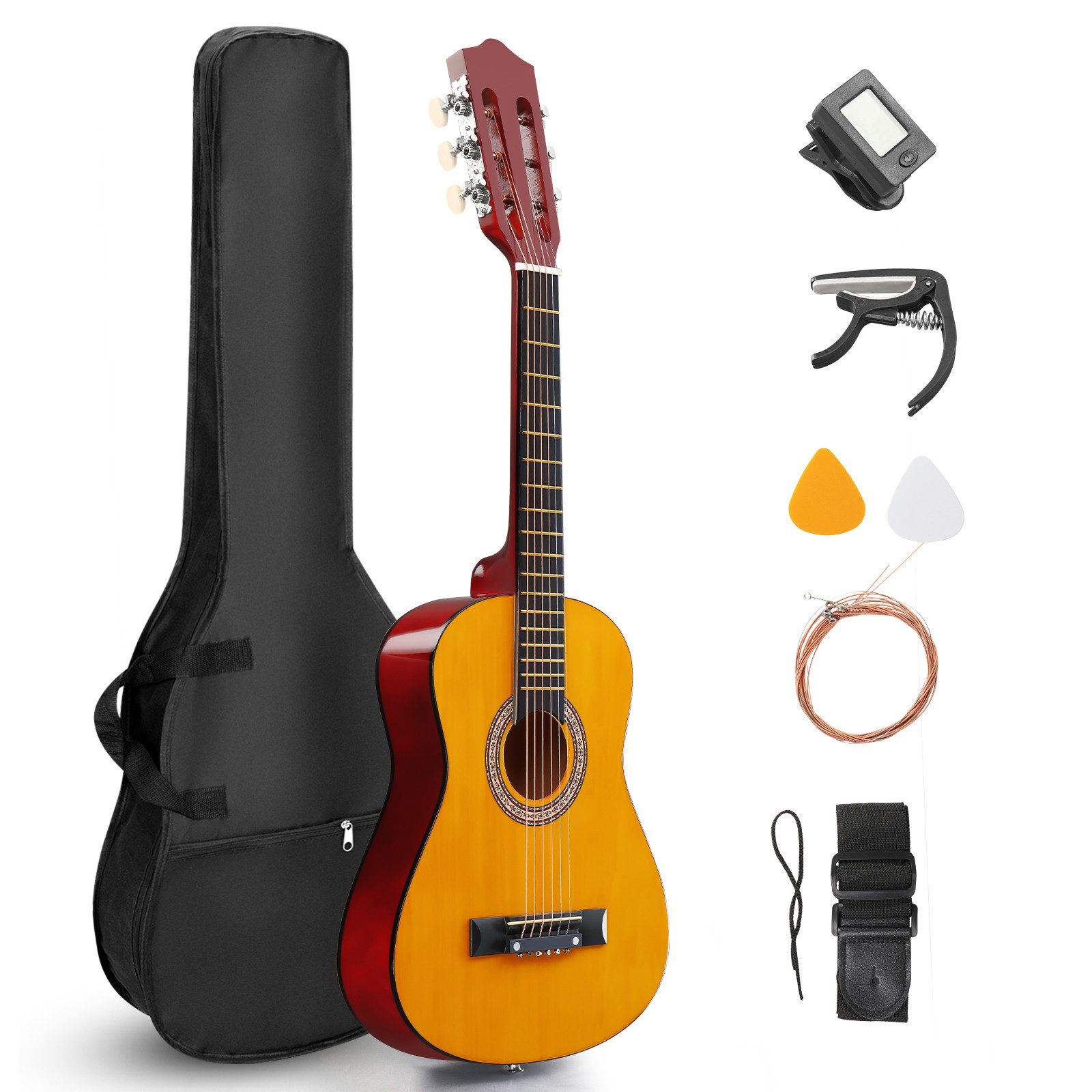 LALAHO Akustikgitarre Konzertgitarre 30 Zoll-mit Hochglanz & Stimmgerät für Einsteiger, Set inkl. Tasche, Ersatzsaiten, Gurt und Plektren