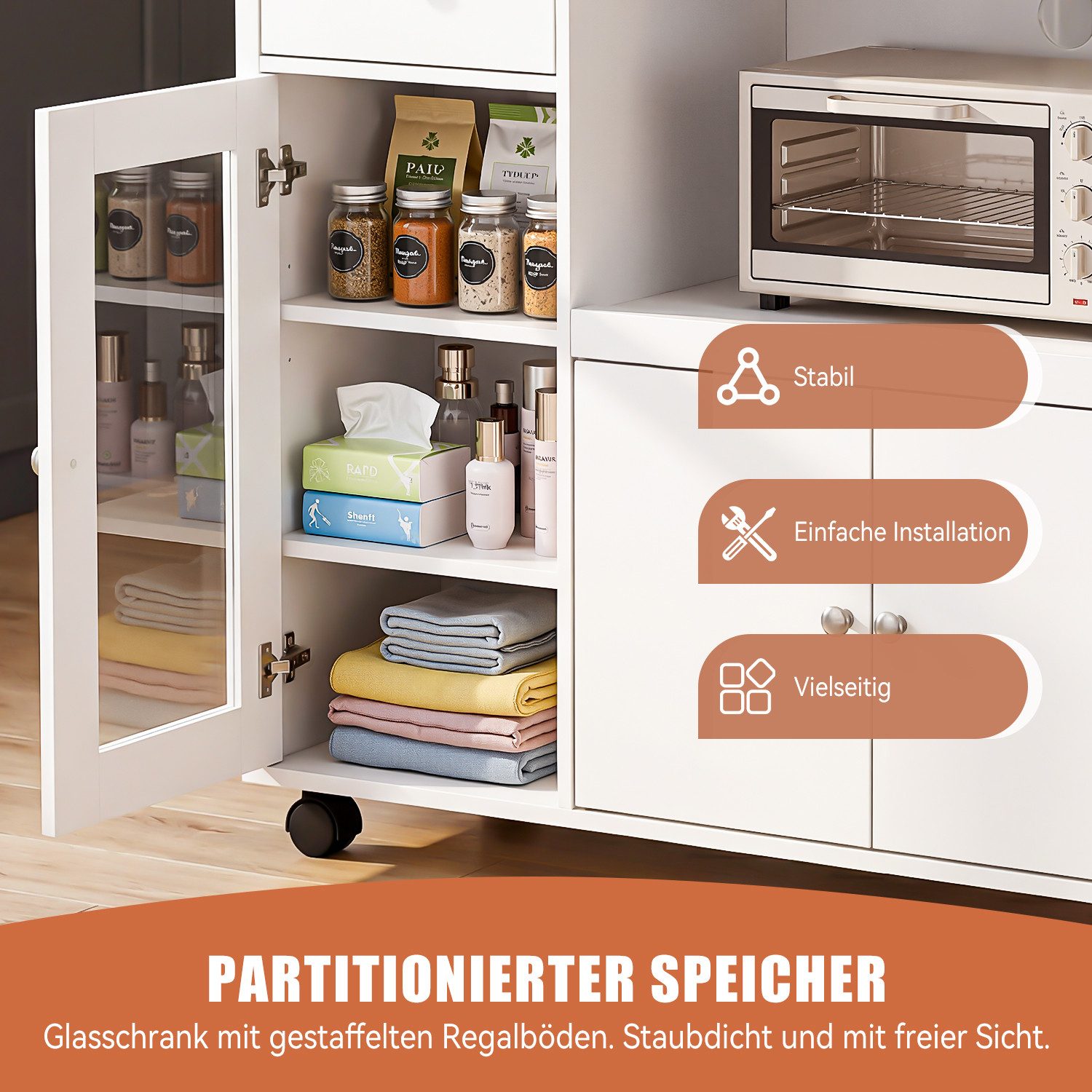 oyajia Sideboard Aufbewahrungsschrank Küchekommode Küchentrolley mit Rollen (Mikrowellenschrank Küchenschrank Rollwagen,mit Schubladen), Viel Stauraum,verstellb – Bild 4 von 5