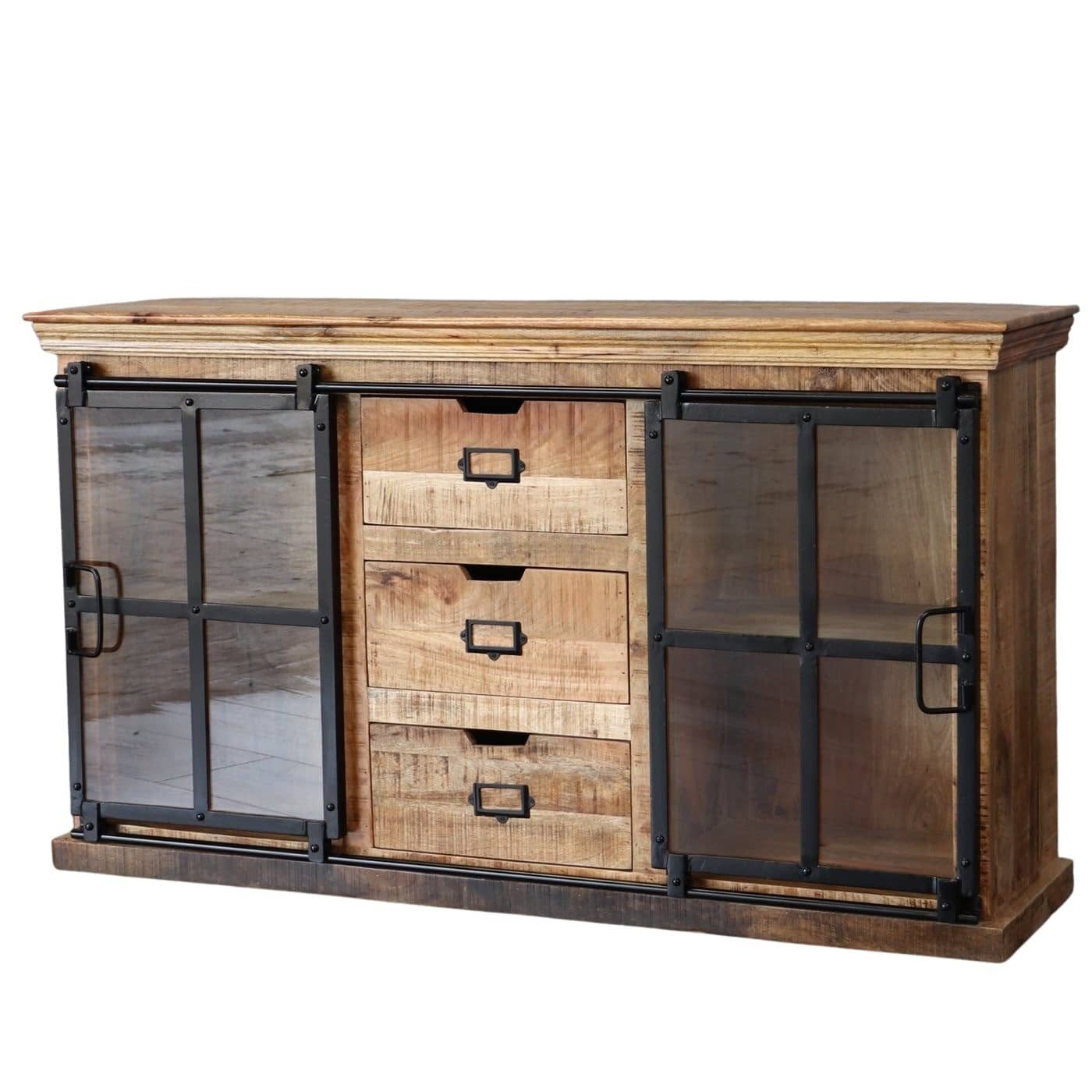 baario Sideboard Sideboard FINE 150cm breit, Massivholz & Eisen rustikal Glastüren Design