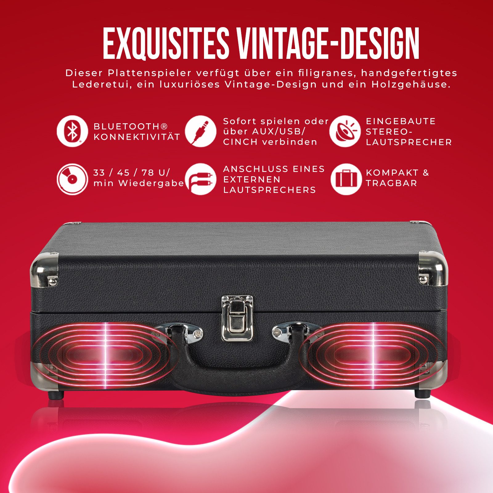 Reflexion HIF1979BT Koffer Plattenspieler Plattenspieler (Riemenantrieb, Bluetooth, AUX-IN, Bluetooth, USB, Cinch-Ausgang, Kopfhörer-Buchse)