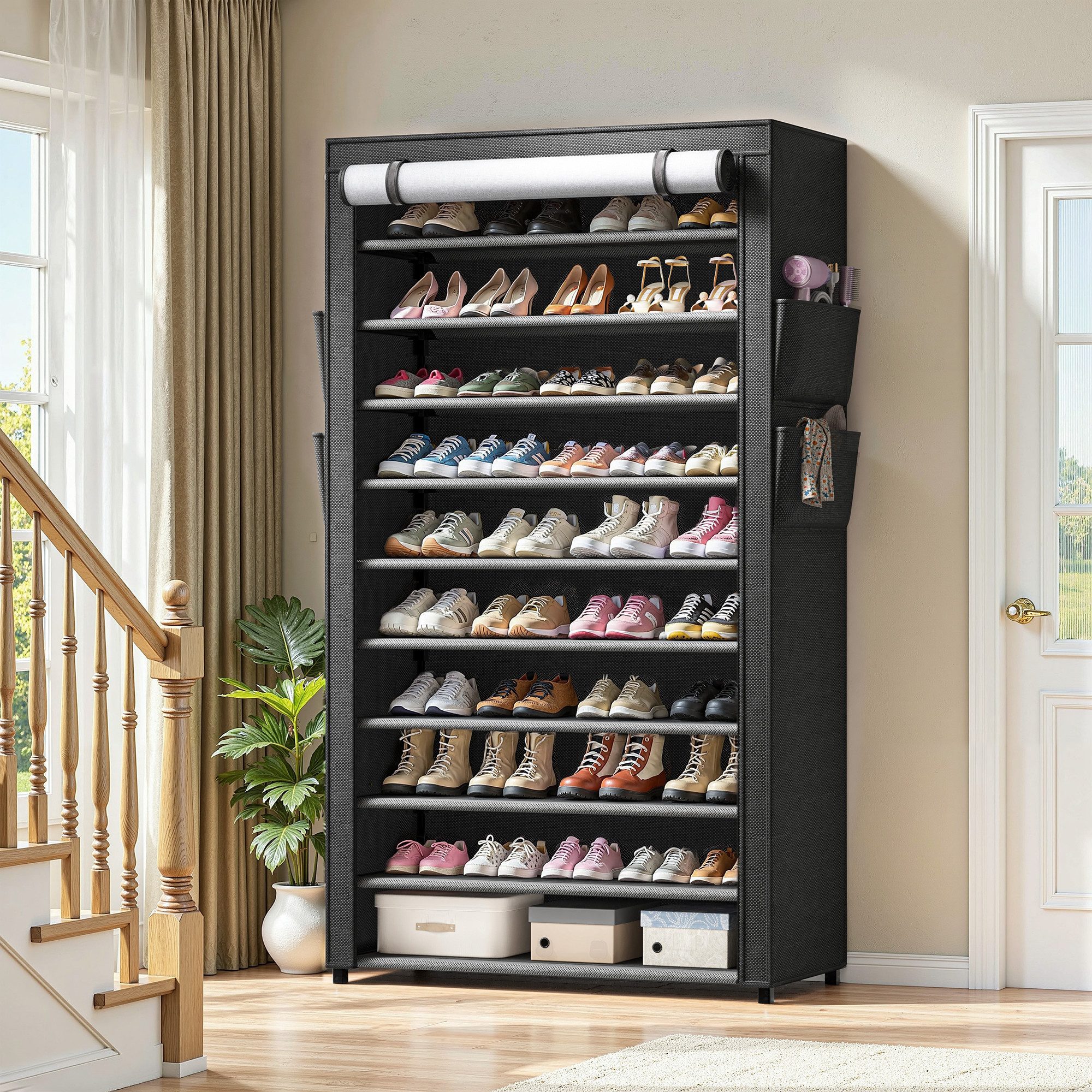 Klyvvo Schuhregal 11 Ebenen, 30cm Tiefe Schuhschrank bis EU 47 für 50 Paare Schuhe, 1-tlg., Schuhschrank Hoch mit Sichtbarer Staubdichter Überzug, Schwarz