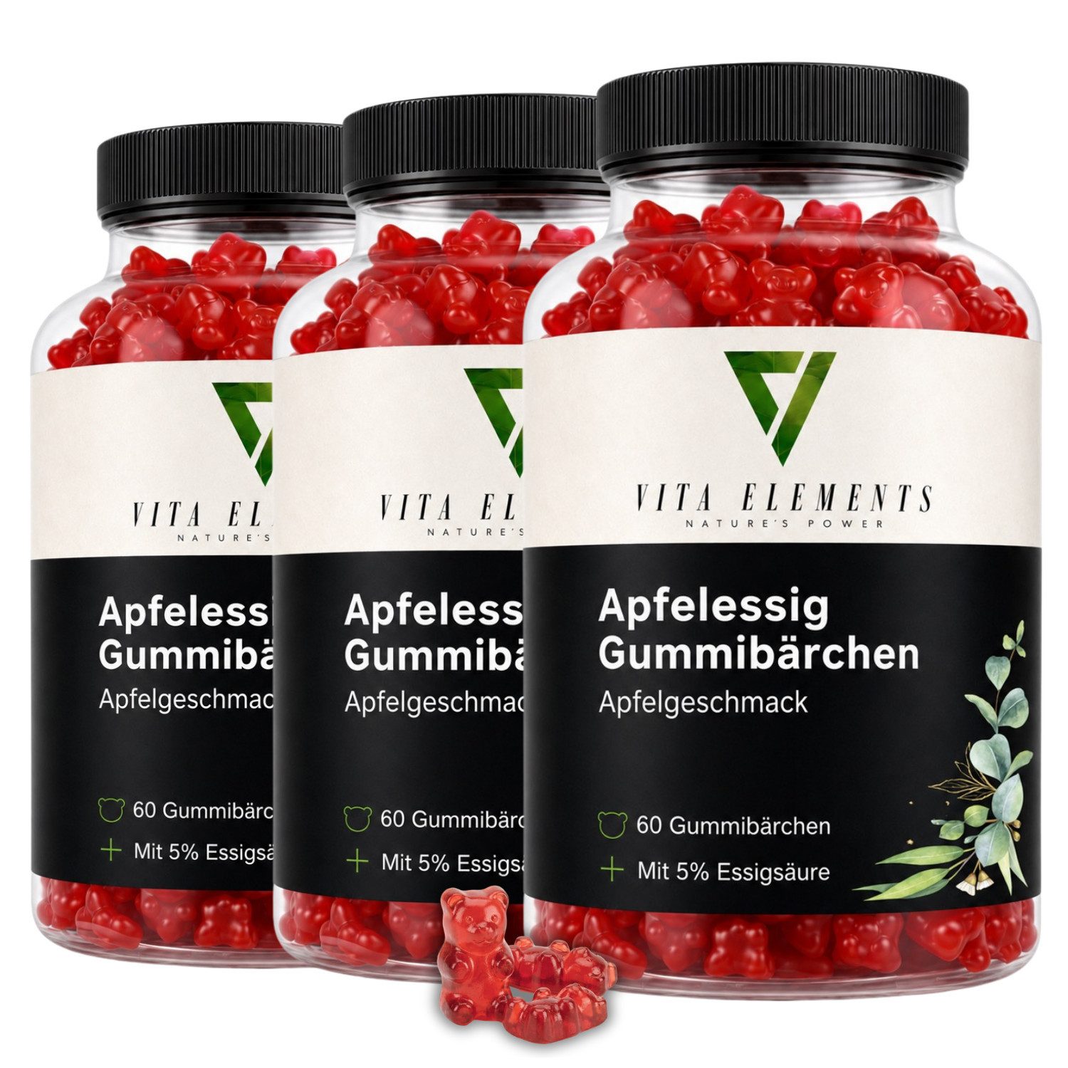 Vita Elements Apfelessig Gummies - Mit B6, Folsäure, Jod & B12, 180 Gummibärchen, 3 er Spar-Set à 60 St., Apfelgeschmack, Gentechnikfrei, Ohne unnötige Zusätze, Laborgeprüft