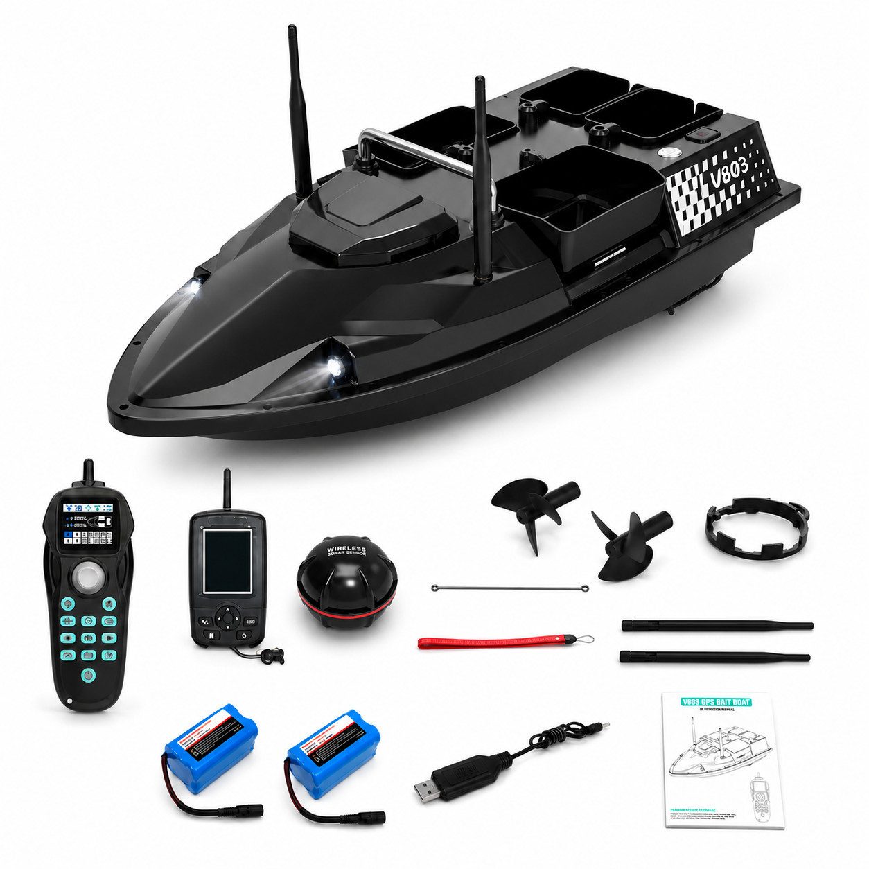 Tekoo RC-Boot GPS Futterboot mit Fischfinder, 4 Kammern, 3kg, 2x12000mAh (Set), 200 GPS-Ankerpunkte, Auto-Rückkehr-Funktion, Gyroskop-Stabilisierung
