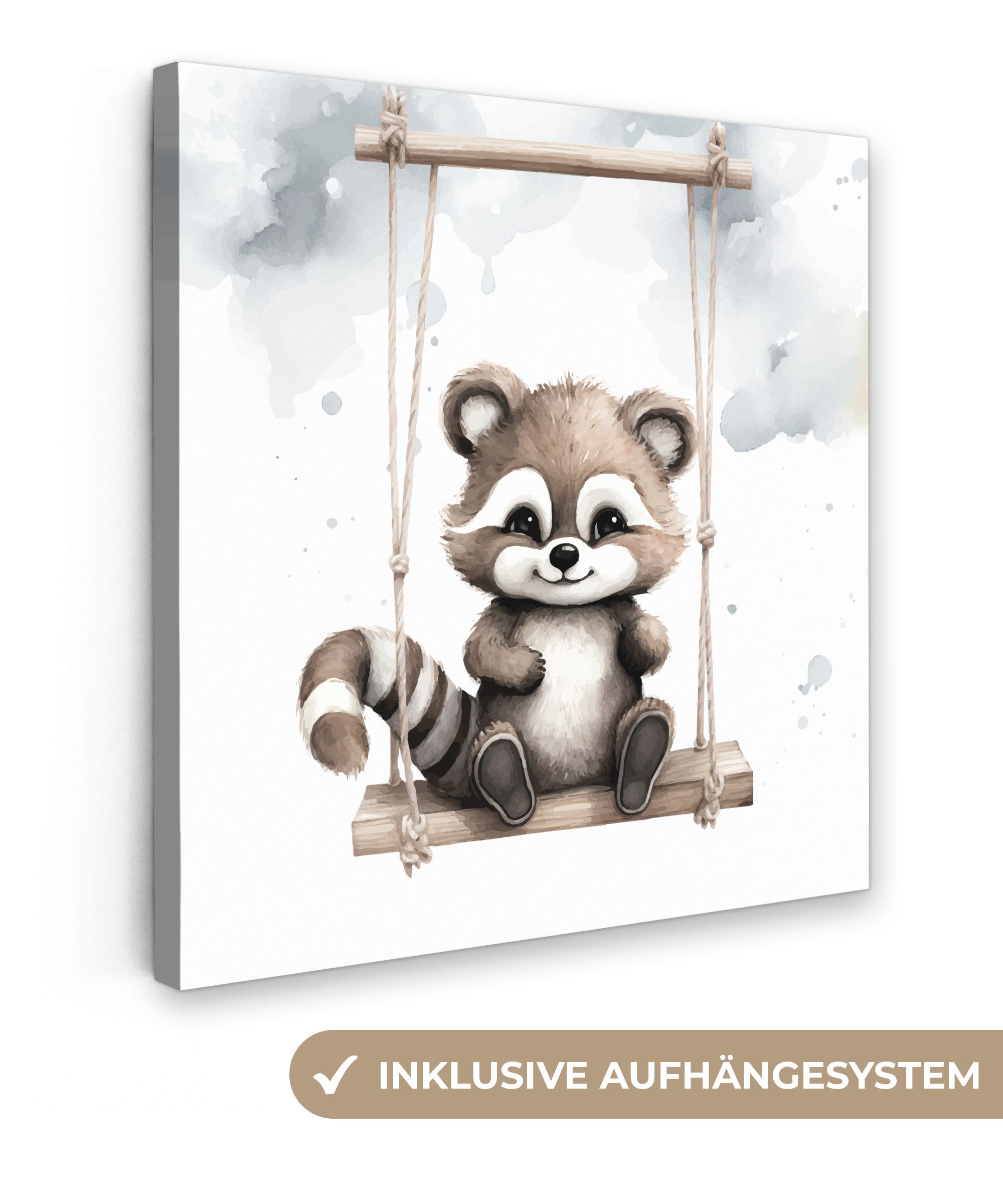 OneMillionCanvasses® Leinwandbild Waschbär - Tier - Kinder, Fotodruck (1 St), Wandbild, Deko Schlafzimmer Wohnzimmer Flur 20x20 cm