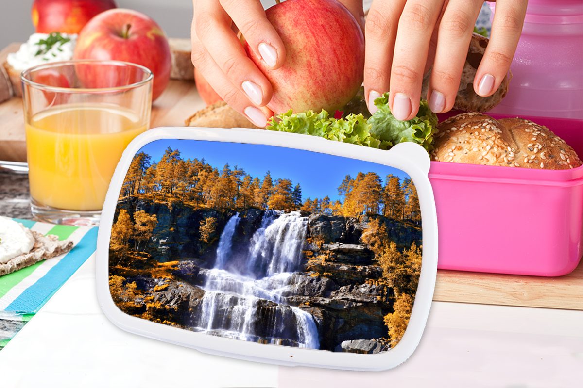 MuchoWow Lunchbox Wasserfall - Norwegen rosa Kinder, Erwachsene, für - (2-tlg), Brotbox Snackbox, Natur, Brotdose Mädchen, Kunststoff Kunststoff