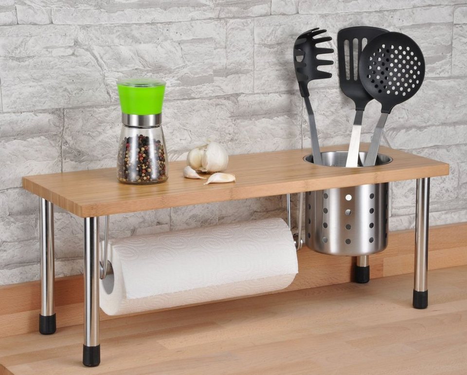 Spetebo Küchenregal Edelstahl Küchenregal mit Bambus Ablage - 55 cm, Metall  Regal mit Holzablage und Küchenrollenhalter