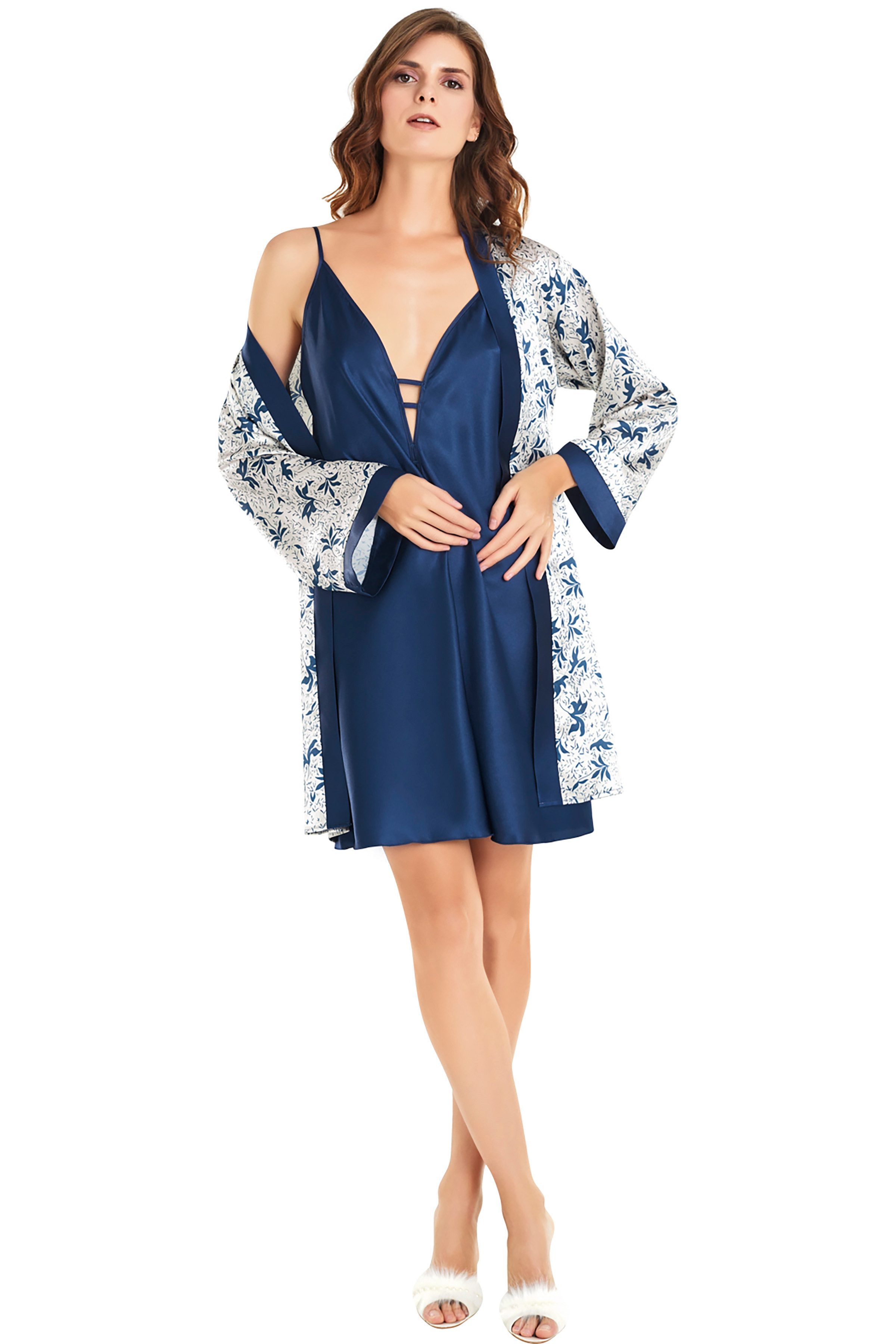 Nachthemd 2-teiliges Damen Satin Nachthemd Set mit Kimono, Dunkelblau, Elegant (2er-Pack) 2-teiliges Set: Nachthemd + Kimono
