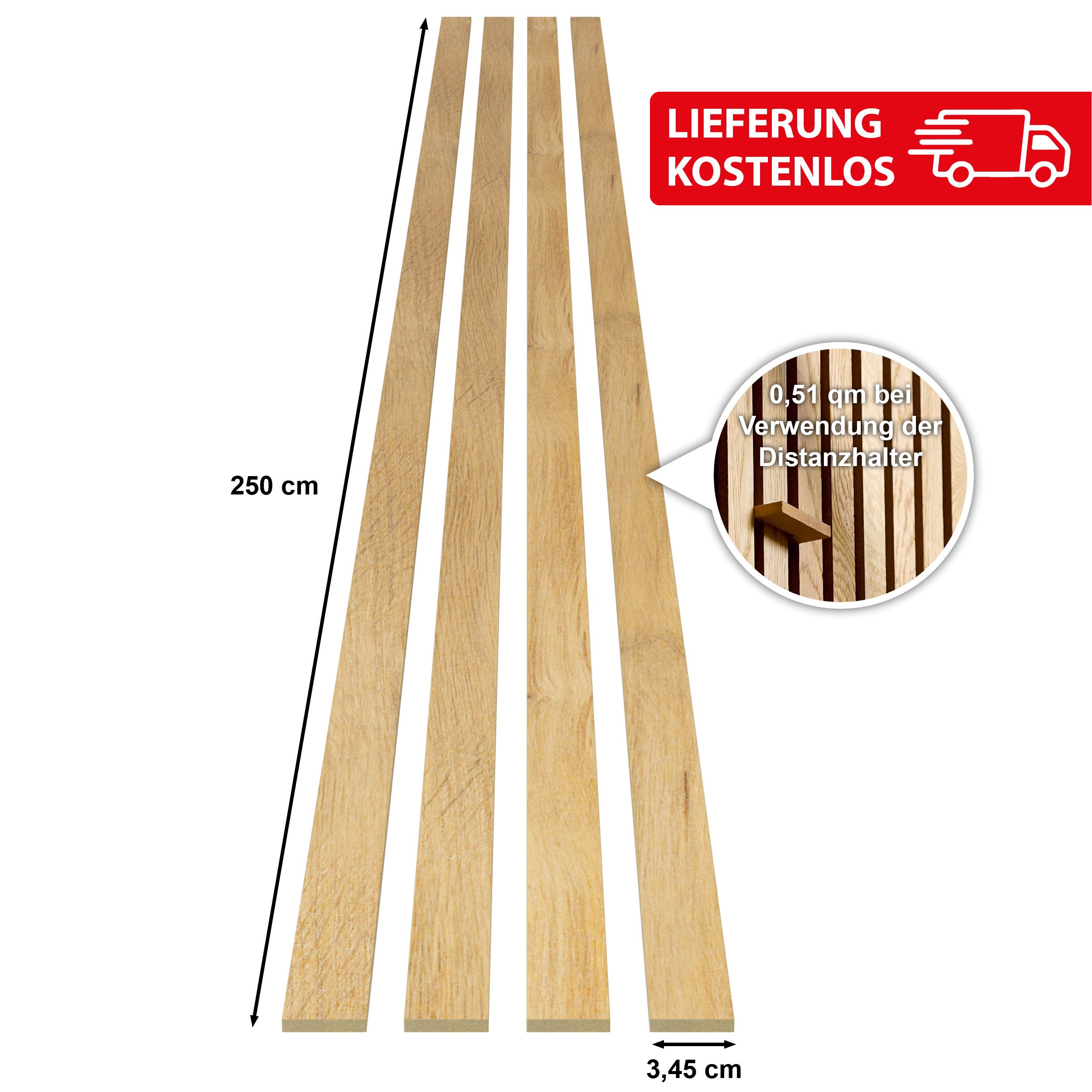 acous Wandpaneel Stix FSC® Premium Echtholzfurier (selbstklebend), BxL: 3,45x250,00 cm, 0,51 qm, (Set, Paket mit 4 selbstklebenden Leisten, Versandkostenfreie Lieferung) Echtholz-Dekoleiste selbstklebend, 4er-Set inklusive 1x Distanzhalter