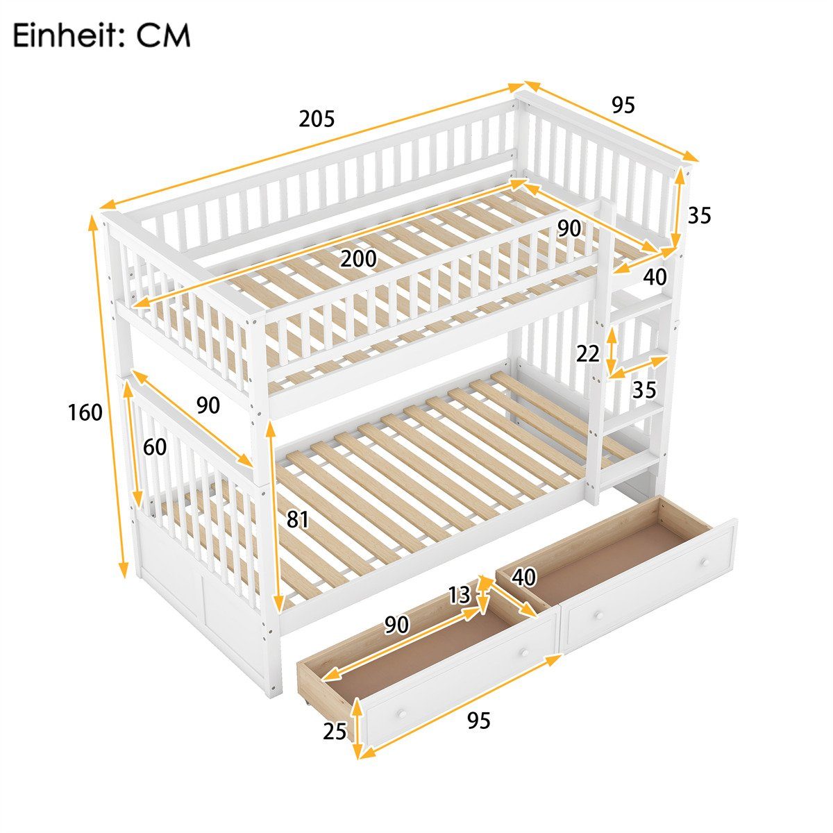 Doppel Cabrio-Betten,Etagenbett Schubladen(ETA:9.5)Rahmen Hochbett Kiefer Etagenbett(90x200cm)Kinderbetten,Funktionelle mit autolock aus weiss Betten