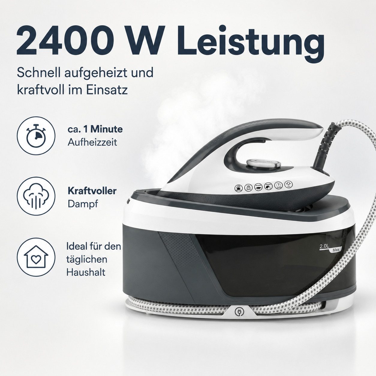 LEFEX Dampfbügelstation Bügelstation, 2400 W, 2 l Wassertank, Anti-Kalk, Vertikaldampf, Smart Calc-Clean, Keramiksohle, 2 l Wassertank, Vertikaldampf