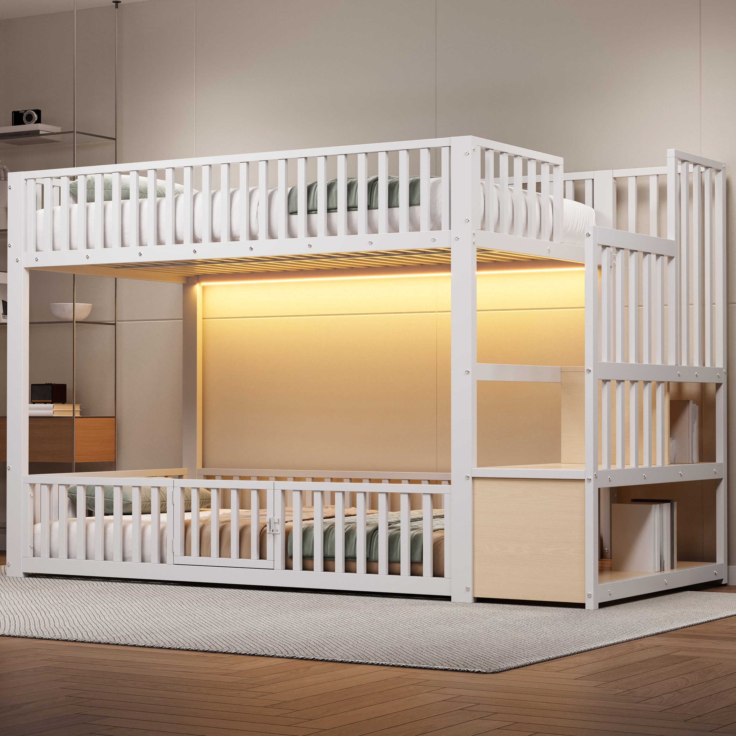 Merax Etagenbett mit LED-Beleuchtung (Jugendbett für Kinderzimmer, Gästezimmer, 1-St), Metallbett Kinderbett 90x200cm mit Stauraumleiter, Schutzgittern & Tür