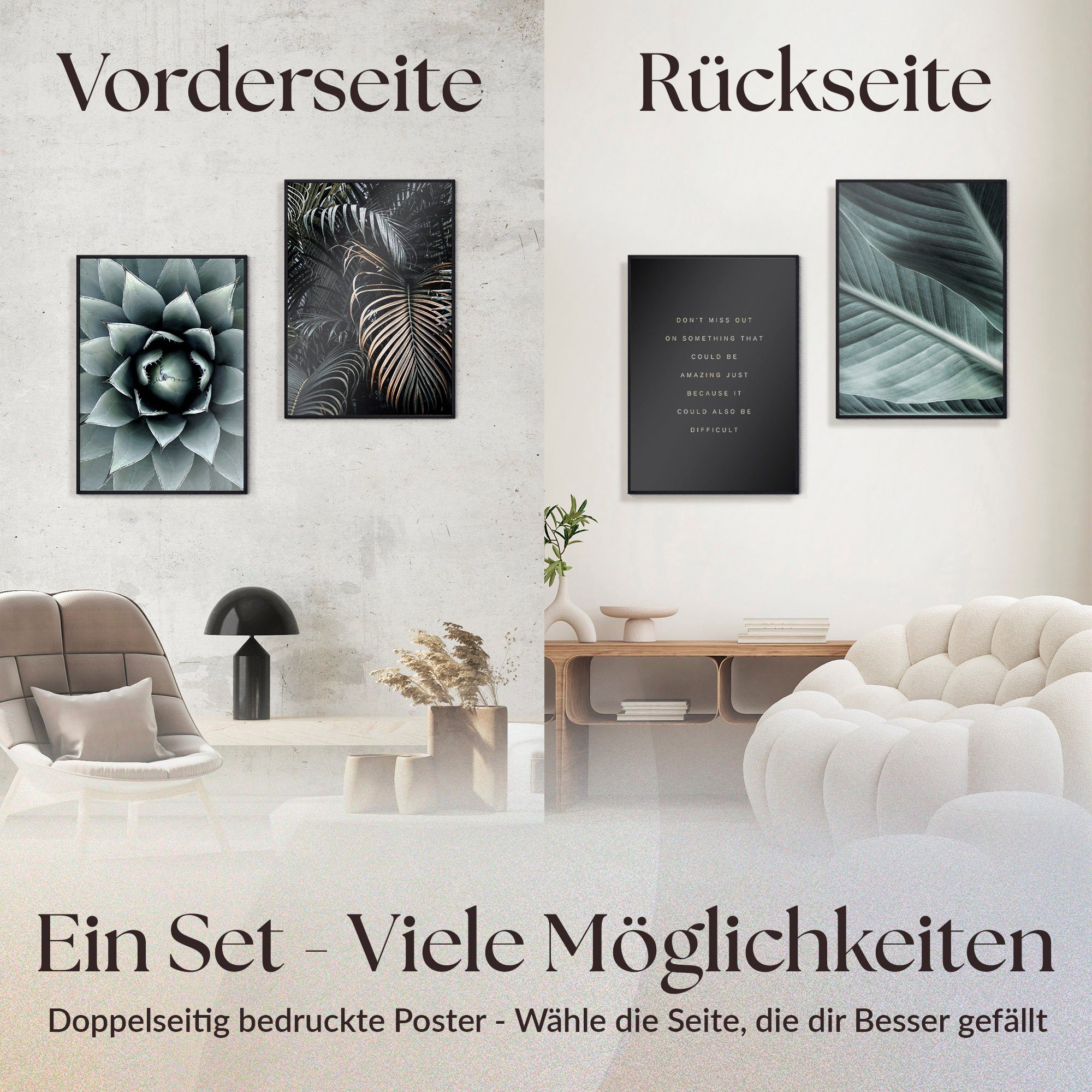 Beidseitig, Greens, Heimlich Wohnzimmer cm, Deko Botanical Bilder, 50x70 Poster als Pflanzen Set