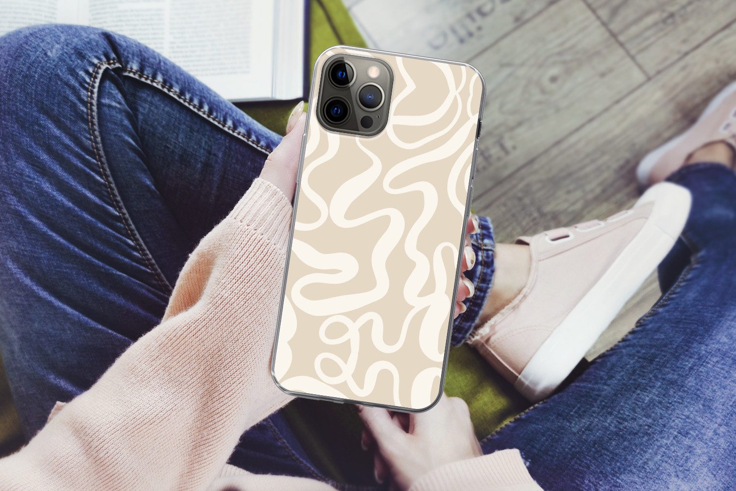 MuchoWow Handyhülle für Apple iPhone 13 Pro Max Linien - Abstrakt - Beige - Weiß - Minimal, Smartphone-Bumper, Print, Handy Schutzhülle Dünn