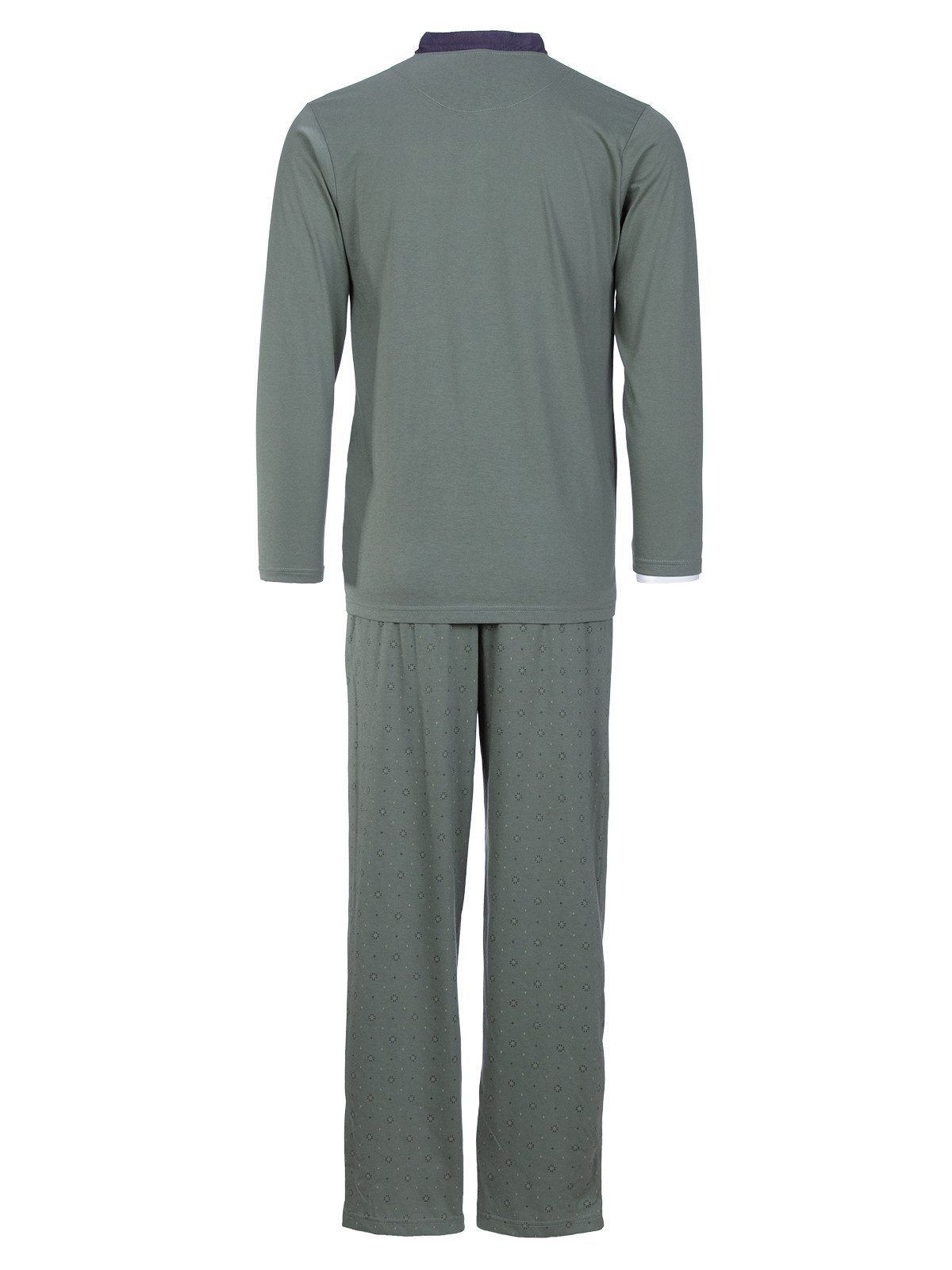 Henry Terre Pyjama Bruno Langarm- Stehkragen Shirt Uni gemusterte Hose Brusttasche – Bild 5 von 5