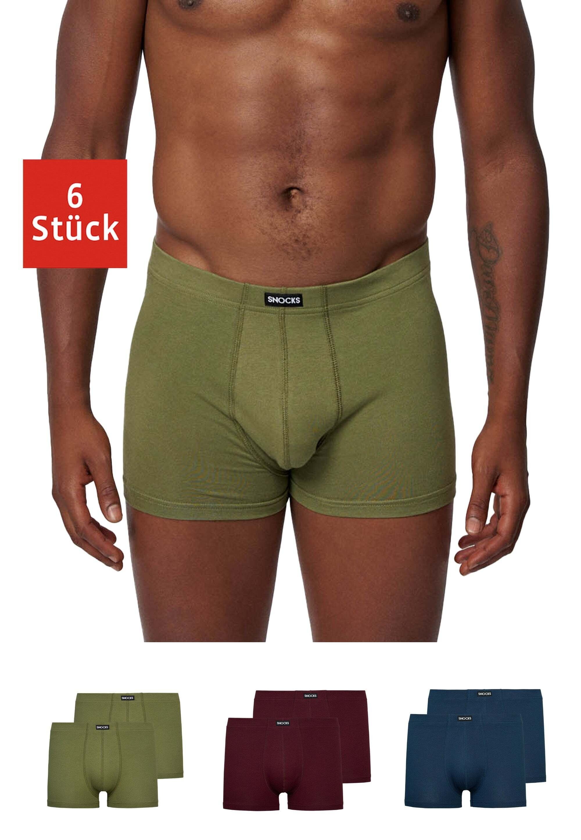 kratzenden Boxershorts aus (6-St) (Rot/Olive/Blau) Unterhosen ohne Enge Mix Retro Zettel Herren SNOCKS Bio-Baumwolle, Männer