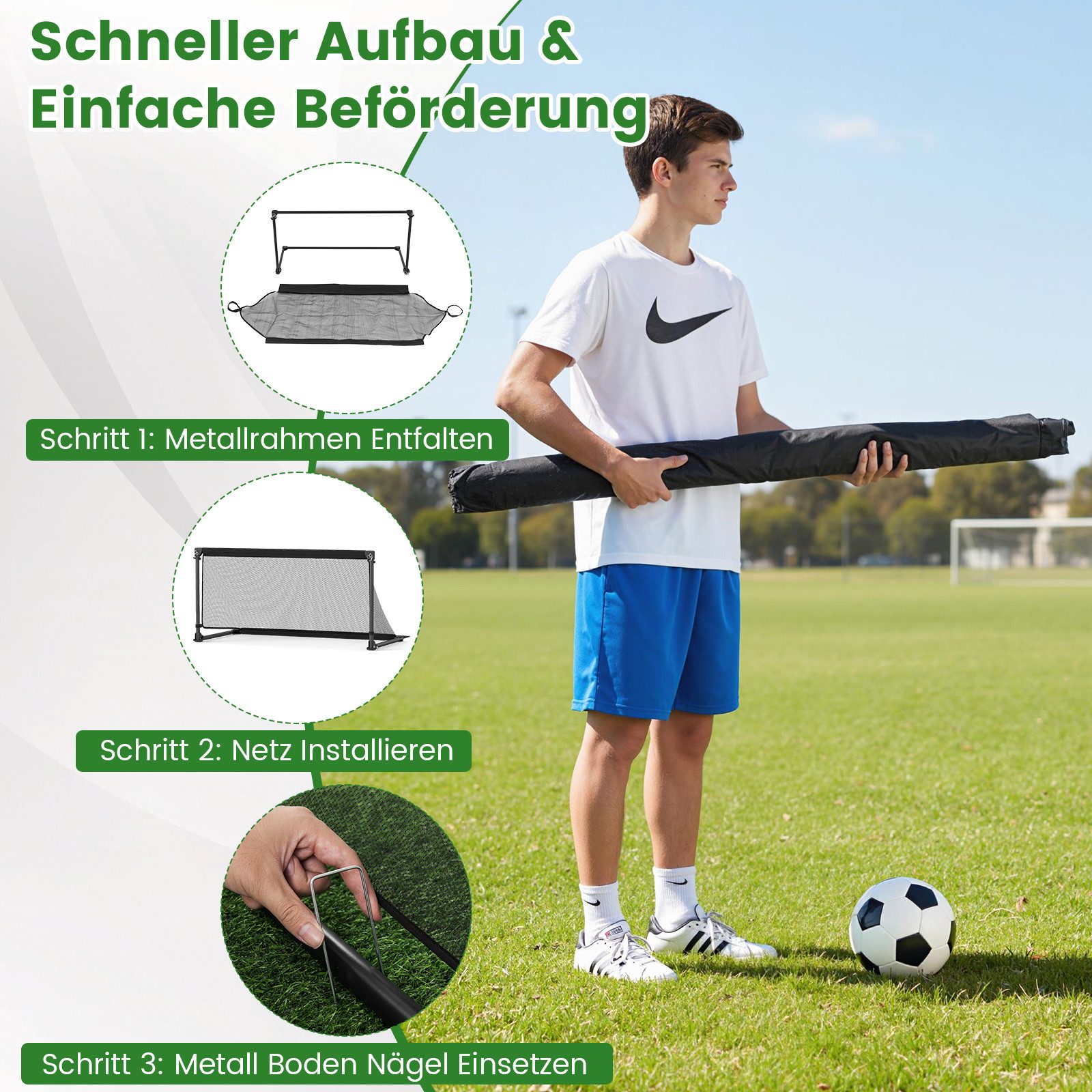 COSTWAY Fußballtor, Mit wetterfestem PE-Netz & 4 U-förmige Erdspießen
