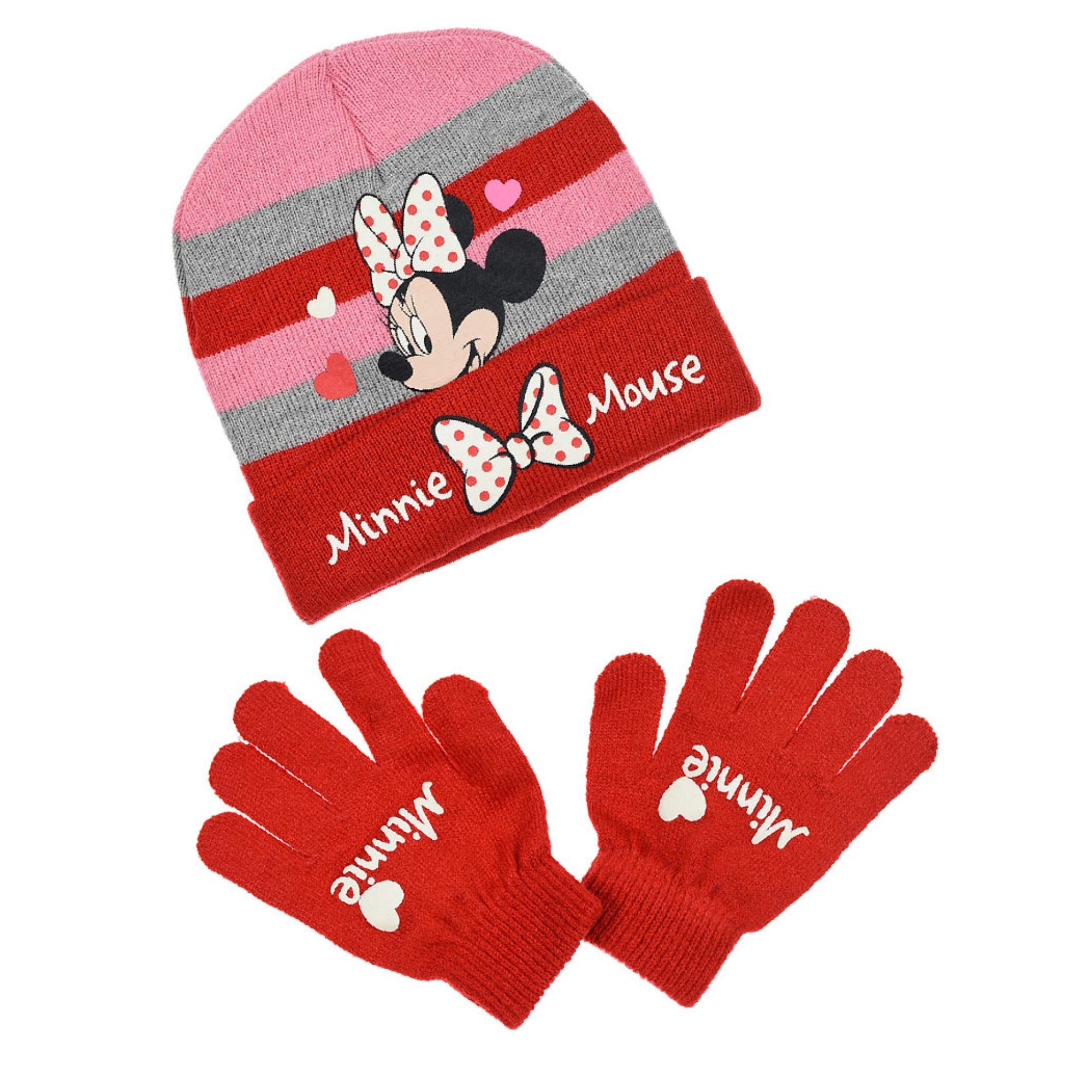 Disney Ballonmütze Disney Minnie Maus Gr. 54 (2-St) Wintermütze Kinder Handschuhe Set und Rot bis 2tlg. 52