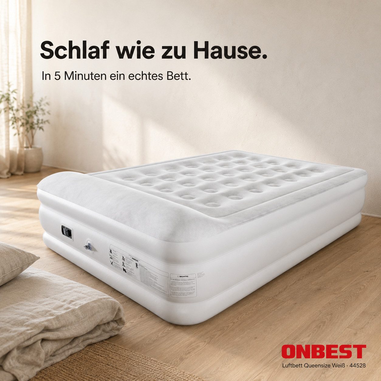 Onbest Luftbett Luftmatratze Gästebett mit elektrischer Luftpumpe und Kissen, 250 kg, 2 Personen, wasserabweisend, selbstaufblasend, 0,6 mm