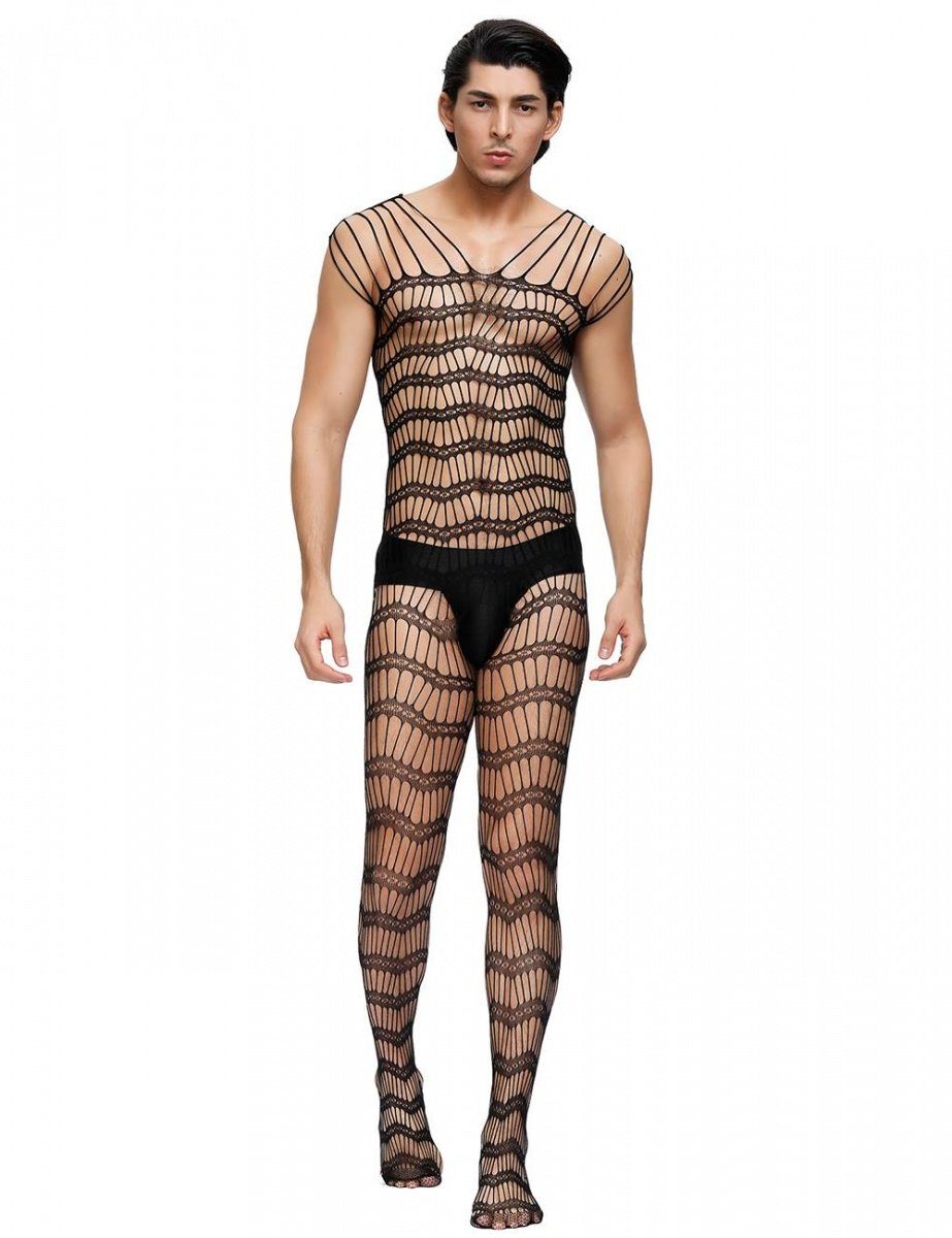 Lau-Fashion Lange Unterhose Bodystocking Netz Bänder Transparent Dessous Schwarz Nylon S/M/L