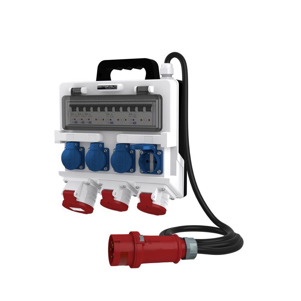 Doktorvolt Stromverteiler 32A 2x16A 4x230V TR-S SKH mit Kabel mit Mennekes Dosen Steckdosenverteiler 7-fach (1 x LSS C32 10kA 3P, 2 x LSS C16 10kA 3P, 2 x LSS C16 1P 10kA), ausgestattet mit Mennekes-Steckdosen