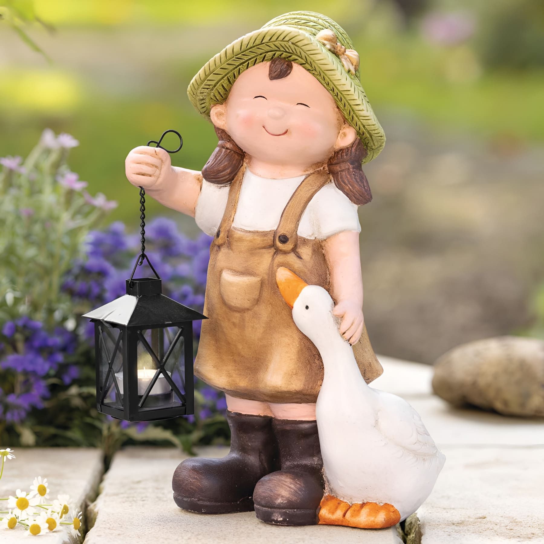 Dekoleidenschaft Dekofigur "Mädchen mit Laterne" Outdoor Gartendeko, Frühlingsdeko Teelichthalter, für Draußen, Balkon & Terrasse