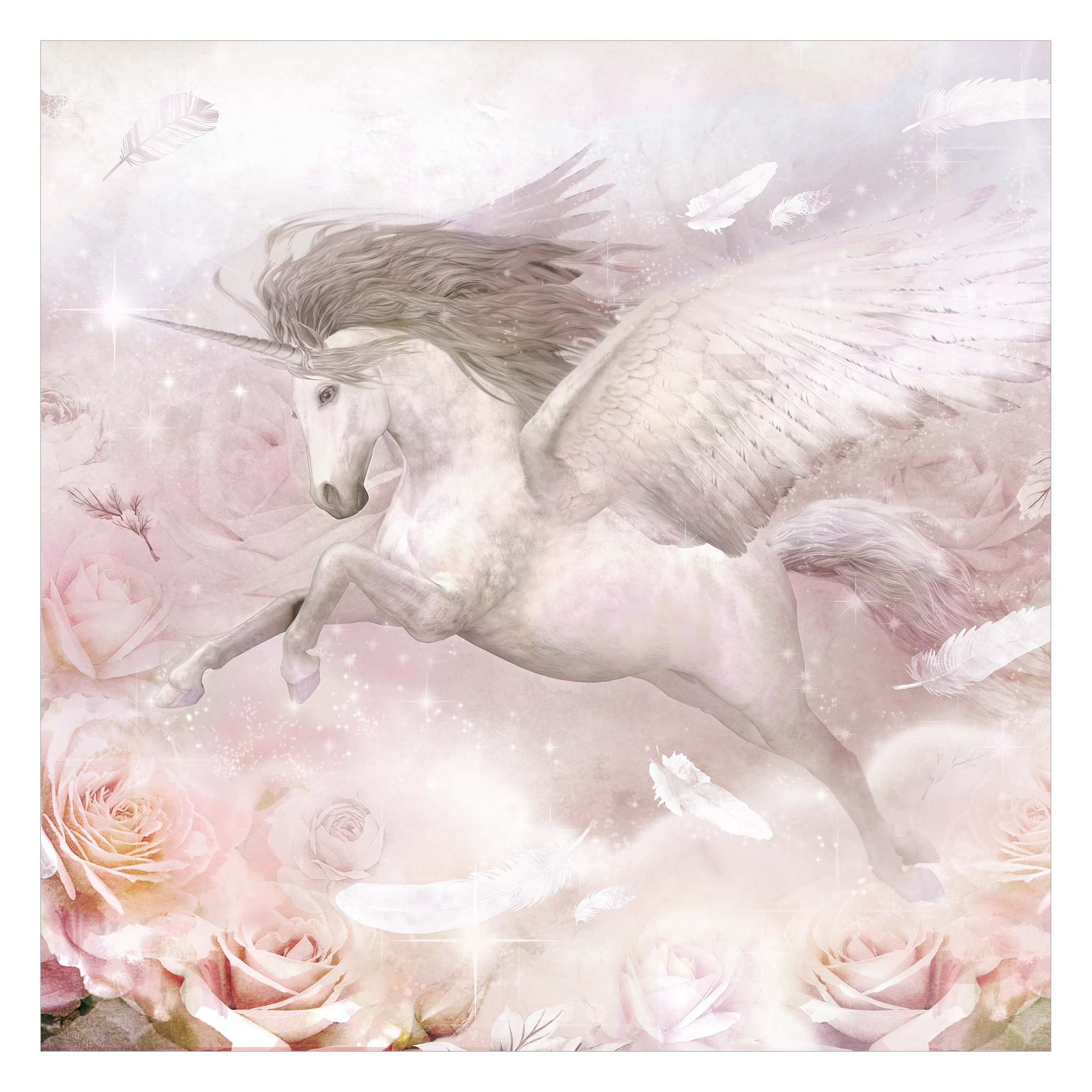 Bilderdepot24 Kindertapete Kinderzimmer Pegasus Einhorn Rosen Kinder Wanddeko Aquarell Pastell, Glatt, Matt, (Vliestapete inkl. Kleister oder selbstklebend), Mädchenzimmer Jungenzimmer Babyzimmer Bildtapete Fototapete Wandtapete