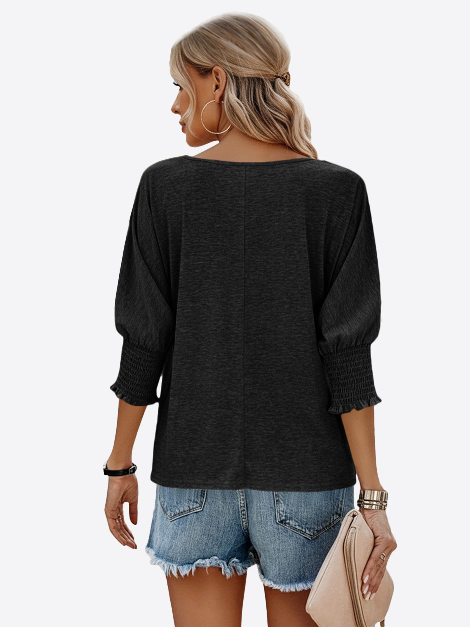 Imily Bela T-Shirt Damen Locker mit 3/4-Ärmeln und gerafften Bündchen (Packung, 1-tlg., 1per-Pack) mit Rundhalsausschnitt in Unifarbe – Bild 2 von 5