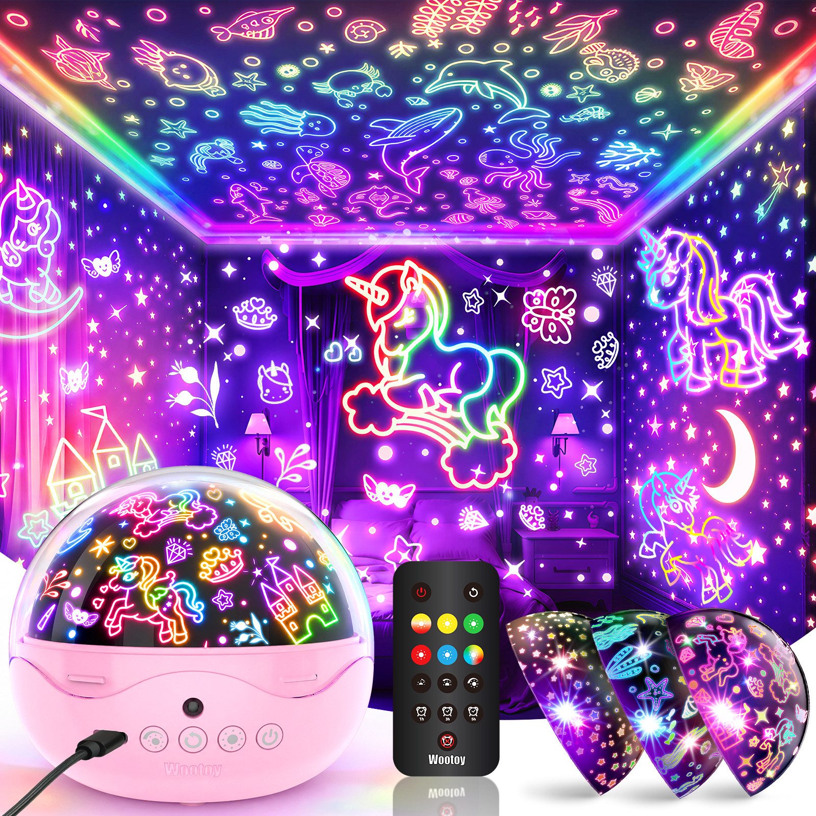 Wootoy LED-Sternenhimmel Einhorn Nachtlicht Projektor 360° drehbar Sternenprojektor Lampe, 360° Projektion Timer und 3 Helligkeitsstufen, LED fest integriert, farbwechsler, Kinder Sternenprojektor Nachtlicht mit 3 Themen 42 Lichteffekte