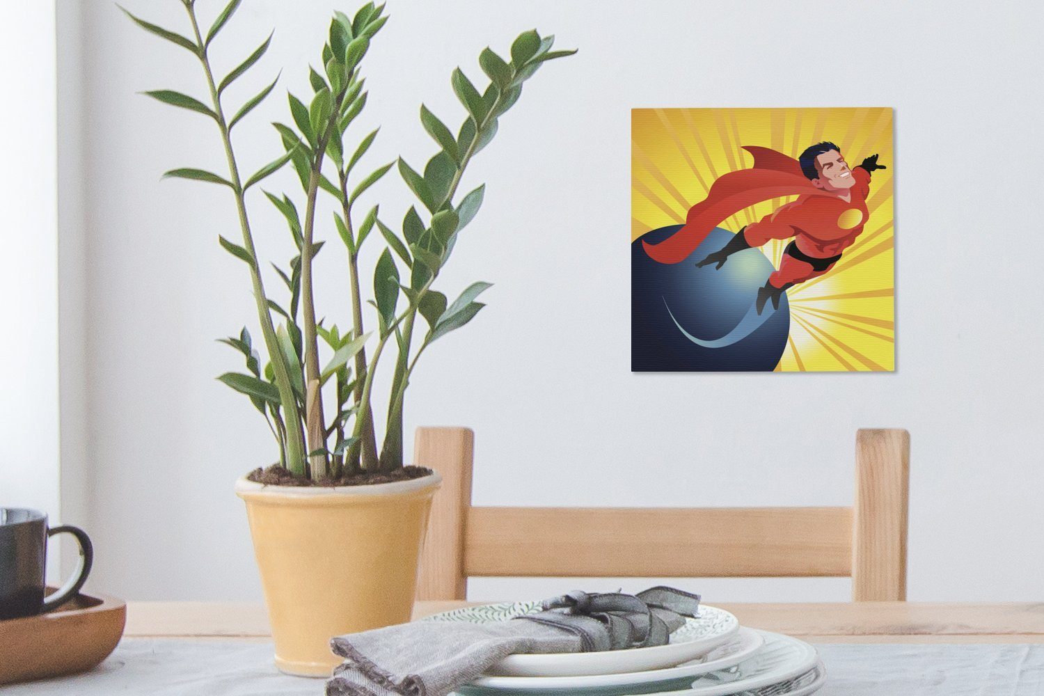 Jungen, Bilder Leinwand - der Schlafzimmer über fliegt St), Superhelden, für eines OneMillionCanvasses® Illustration die Eine Wohnzimmer (1 Welt Leinwandbild