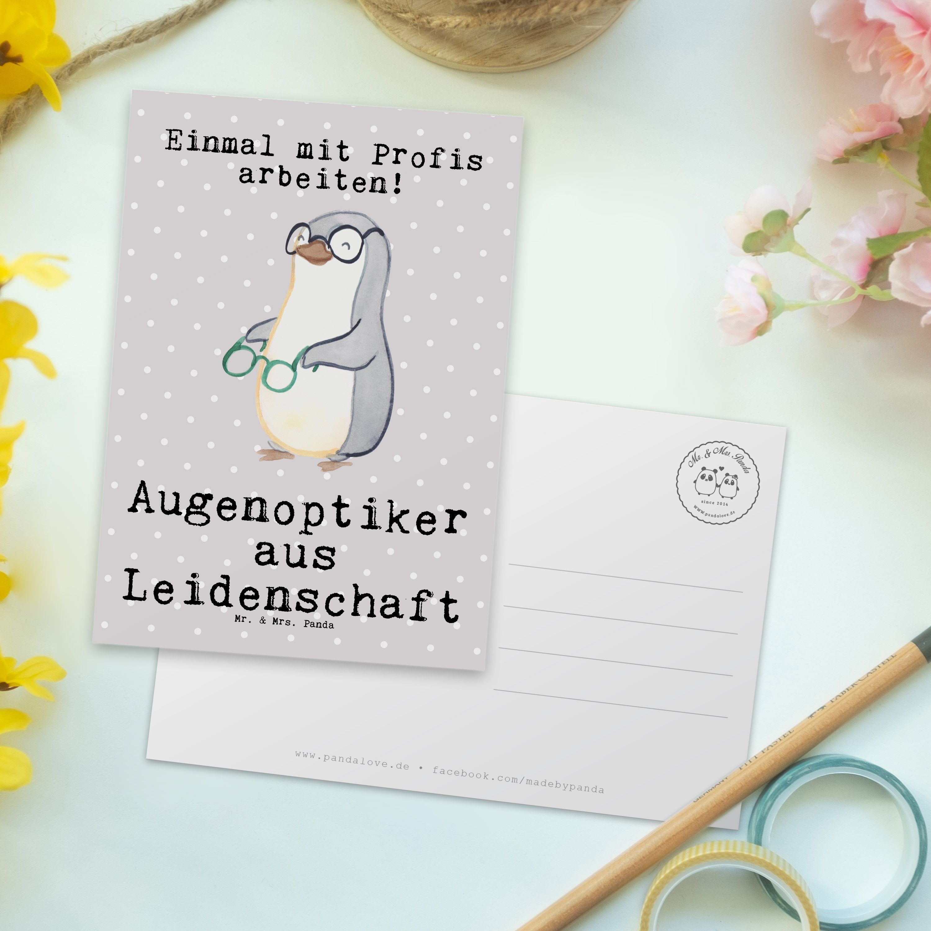 Mrs. Postkarte Leidenschaft & Panda Pastell aus Grau Mr. - Geschenk, Brill Danke, Augenoptiker -