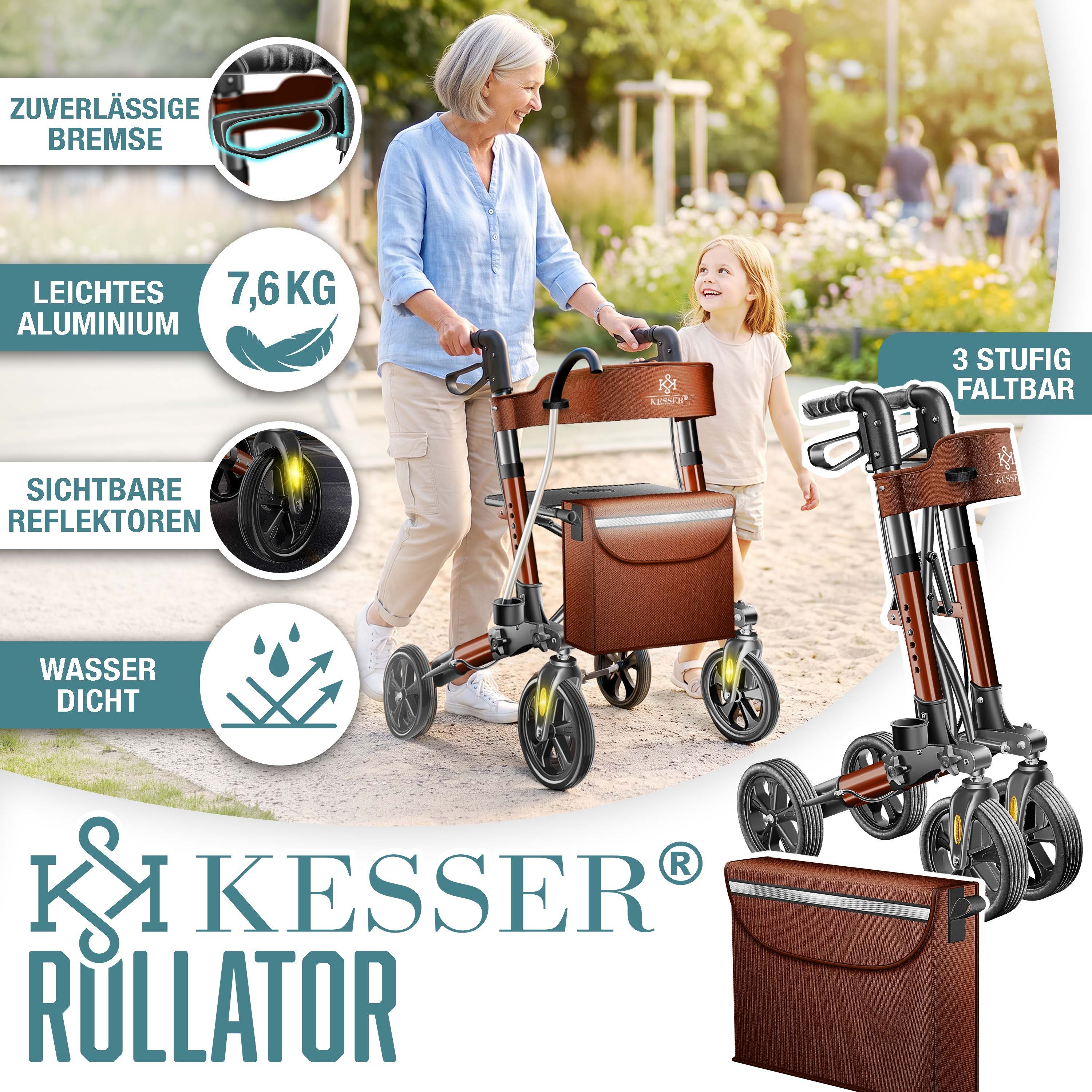 KESSER Rollator Aluminium – faltbar, höhenverstellbar & bis 136 kg belastbar, wetterbeständig, Tasche, Stockhalter, Reflektoren, 360° Gelände Reifen