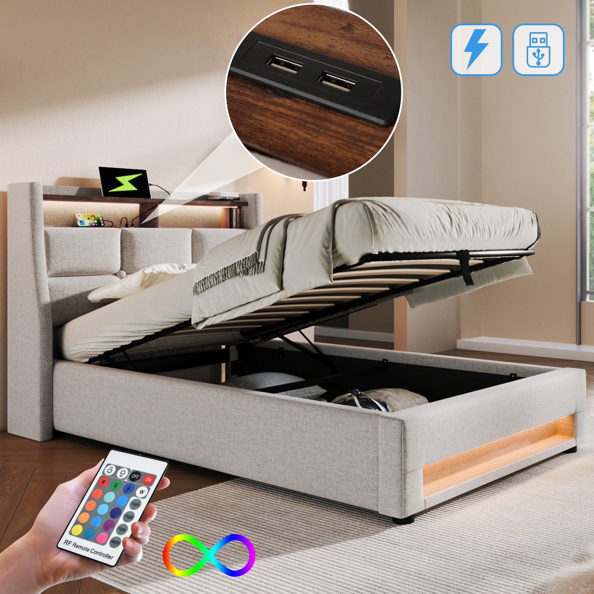 OKWISH Polsterbett Bett (LED Einzelbett mit günstig online kaufen