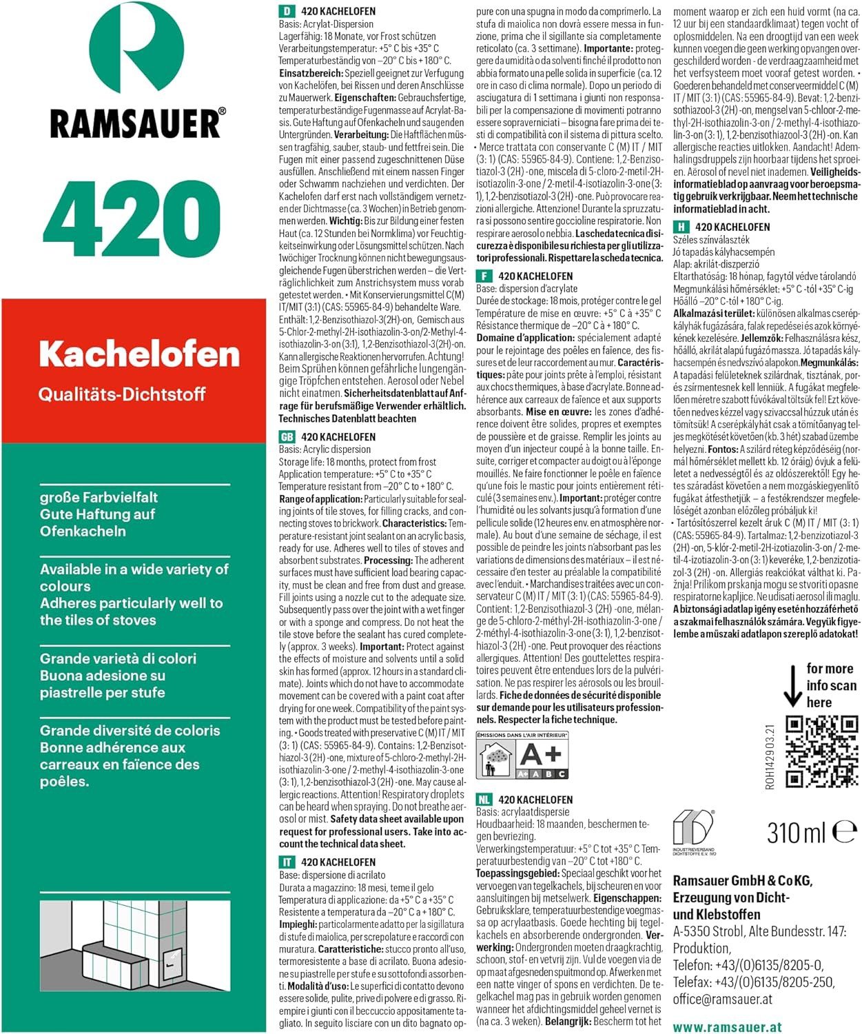 Ramsauer Dichtstoff Ramsauer 420 Kachelofen Acryl Dichtstoff 310ml Kartusche dunkelgrün, gebrauchsfertig, geruchsneutral, hitzefest und brandbeständig, siliconfrei