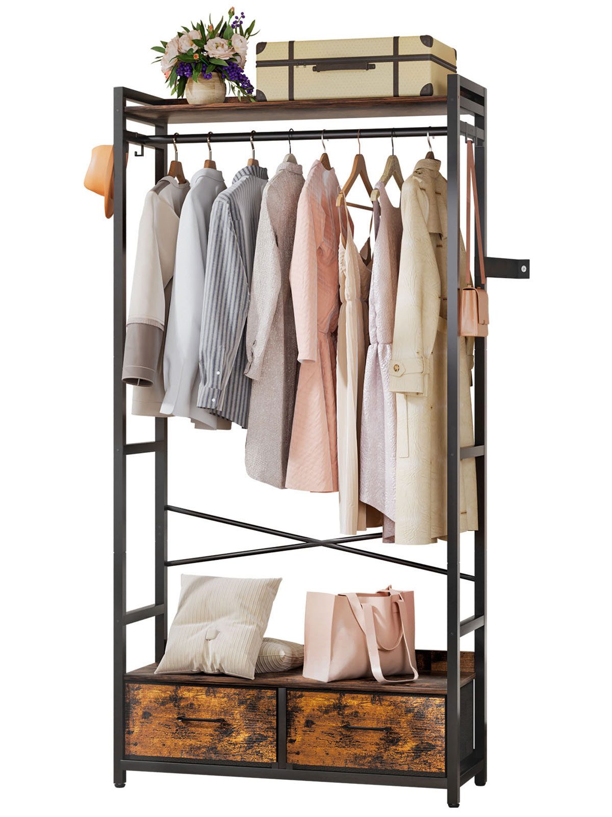 Yorbay Kleiderständer Вешалки mit 2 Schubladen & Aufbewahrungsbox,84x30x181 cm, 180kg Traglast,Retro Design für Schlafzimmer, Flur