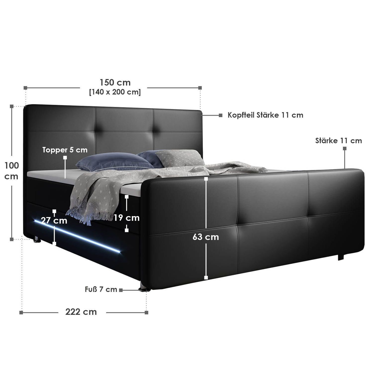 Juskys Boxspringbett »Oakland«, Doppelbett 140 x 200 cm mit Topper,  Kopfteil und LED-Beleuchtung online kaufen | OTTO