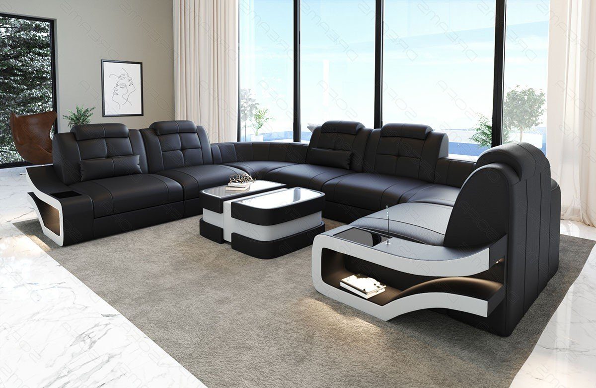 Sofa Couch Sofa Elena U U-Form Ledersofa LED-Beleuchtung Leder Wohnlandschaft Ledersofa, mit Dreams Form
