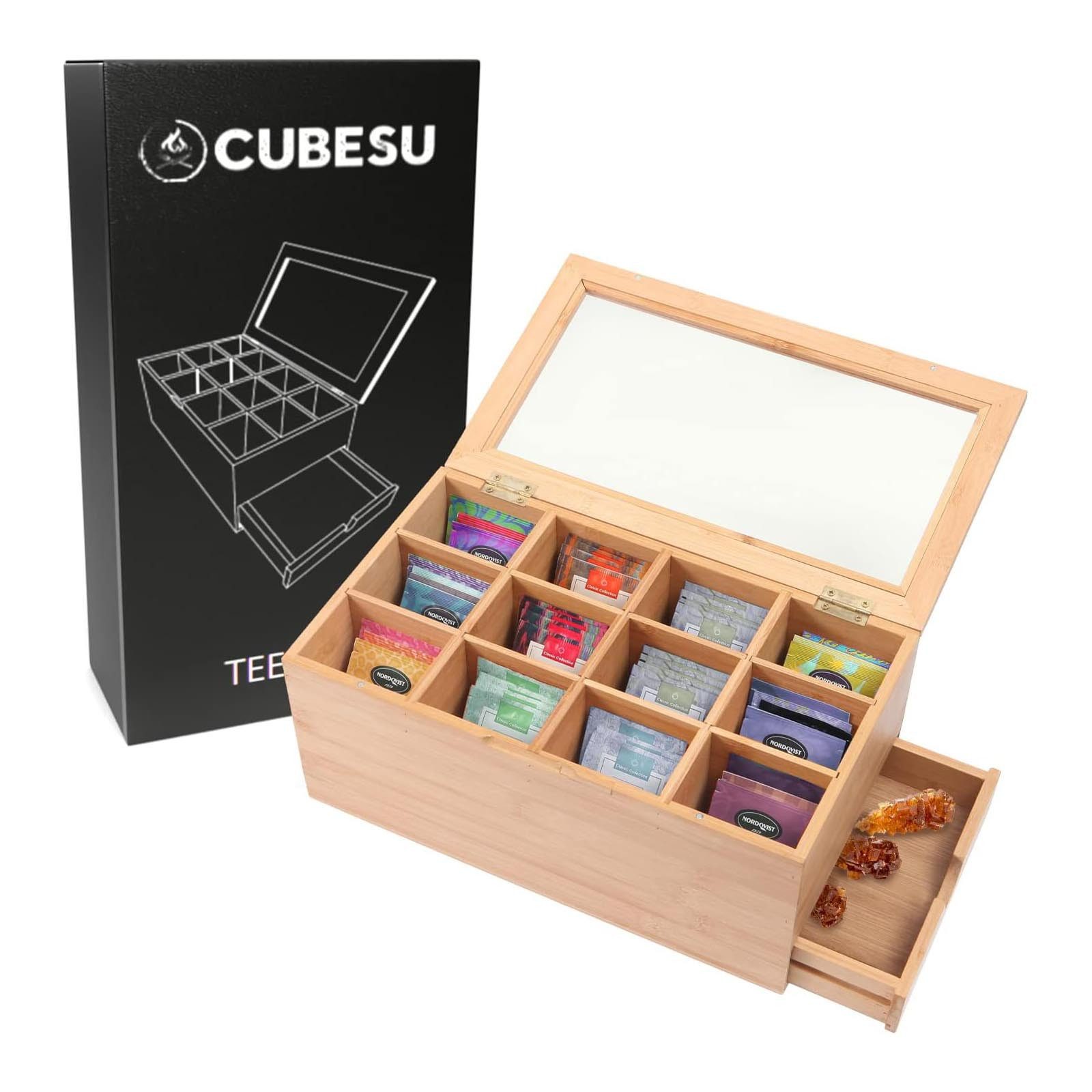 Cubesu Teebox Premium Holz Teebeutelbox Teekiste Teebeutel Box, Bambus, 12 Fächer mit Sichtfenster & Schublade