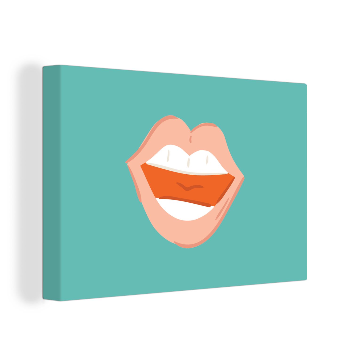 30x20 Lippenstift, Aufhängefertig, OneMillionCanvasses® Blau Mund (1 St), - Leinwandbild Leinwandbilder, Wandbild Wanddeko, - cm