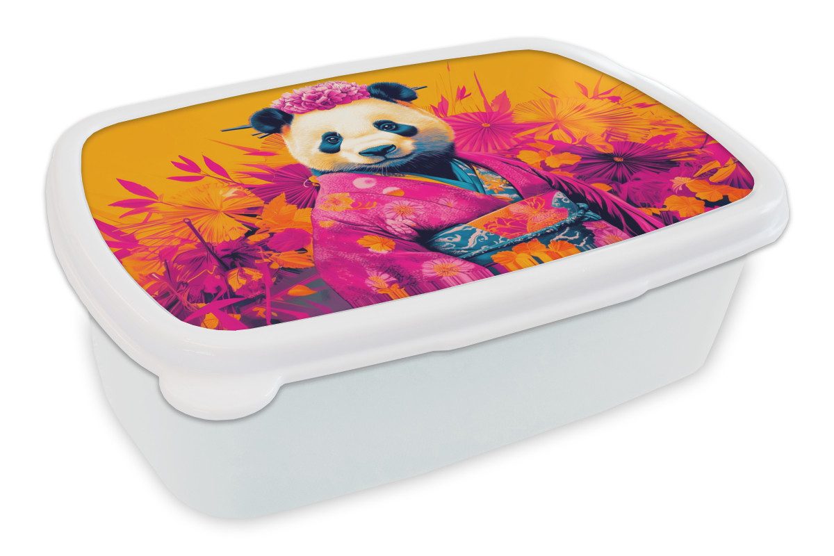 MuchoWow Lunchbox Kimono - Rosa - Panda - Blumenkrone, Kunststoff, (2-tlg), Brotdose Schule oder Arbeit, Brotbox für Kinder und Erwachsene