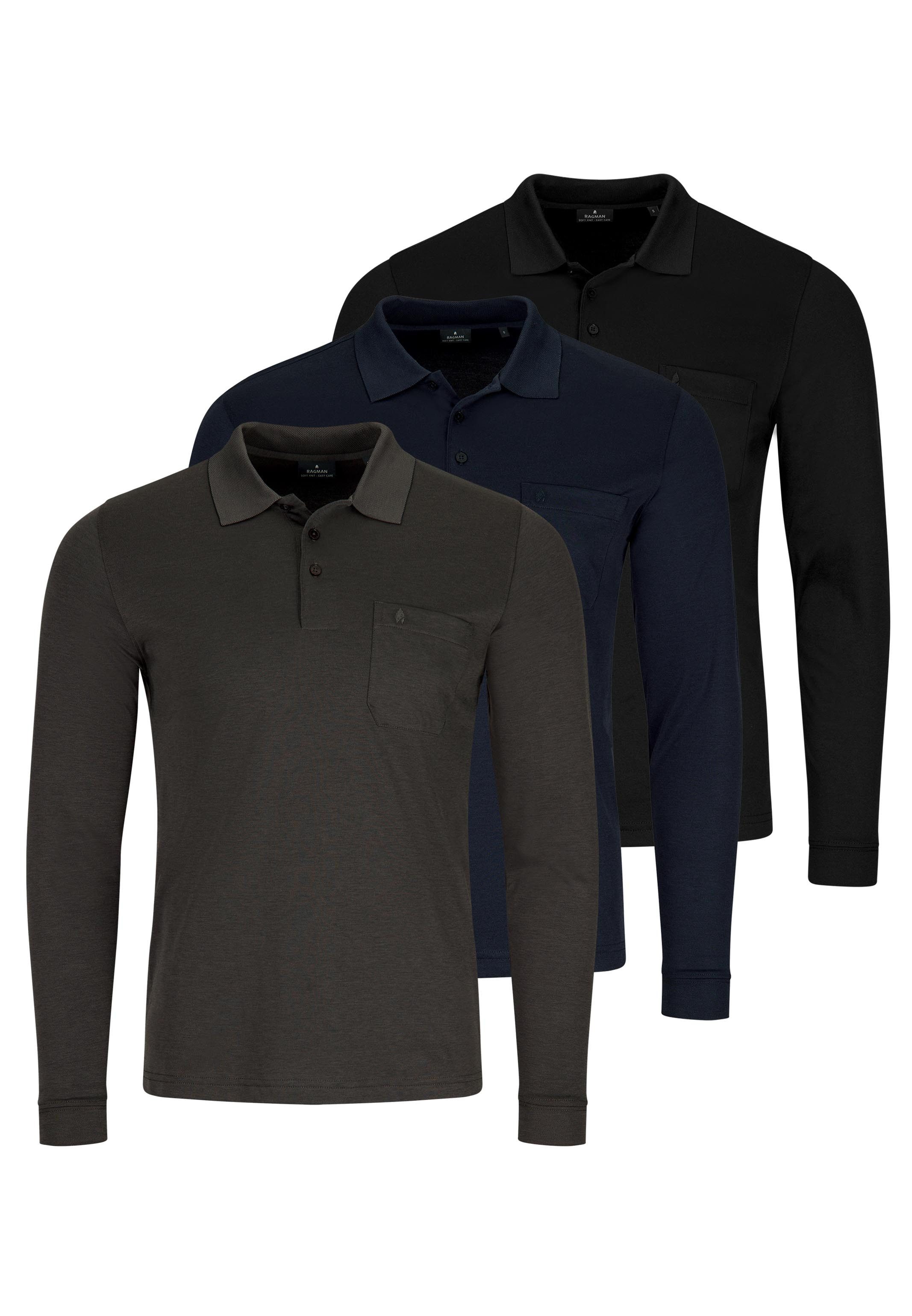 RAGMAN Langarm-Poloshirt 3er Pack Basic (Spar-Set, 3-tlg) Poloshirt - Baumwolle - Atmungsaktiv - Klassischer Look