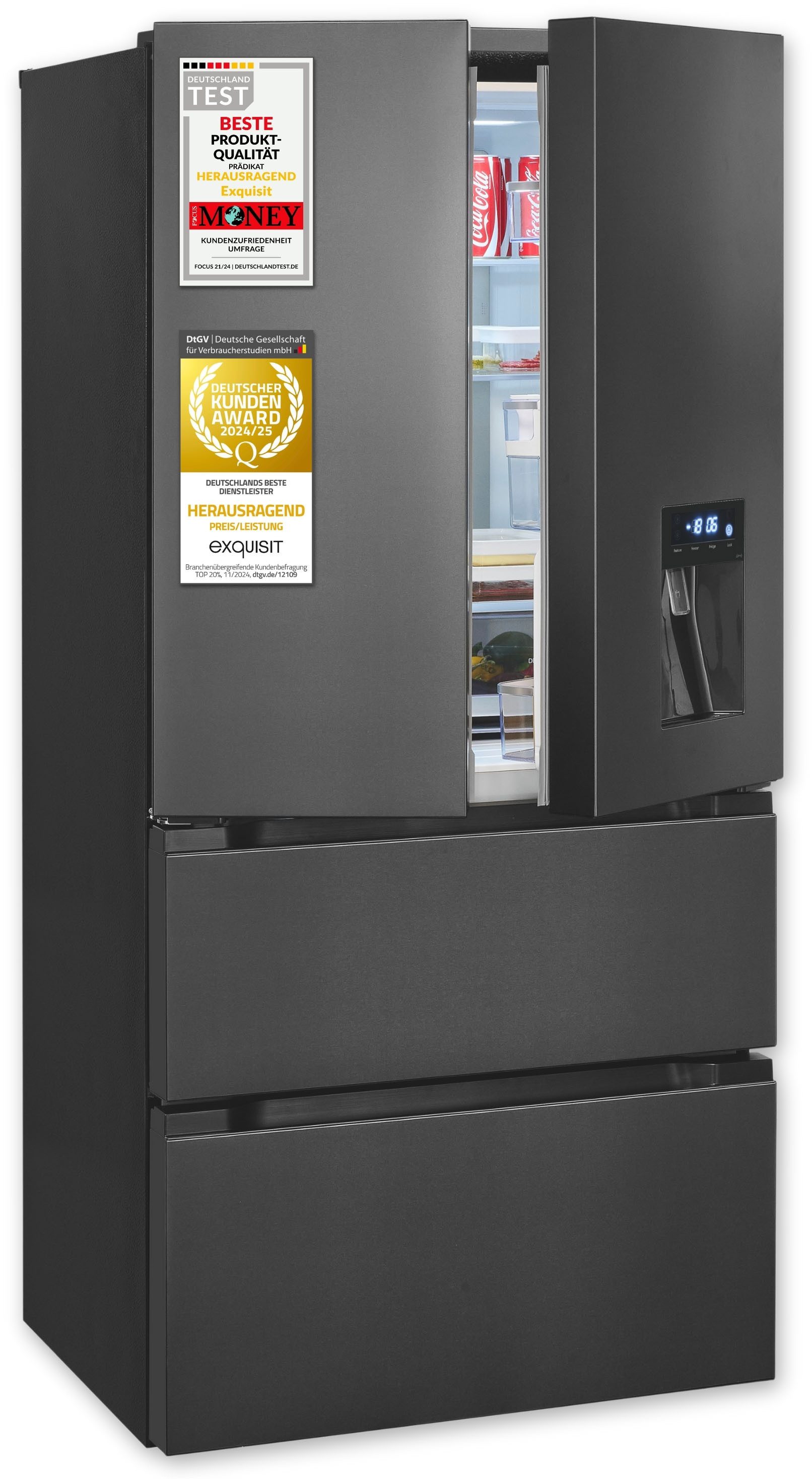 exquisit French Door FD490-160-WS-202E inoxlook-az FD490-160-WS-202E inoxlook-az, 183 cm hoch, 83,6 cm breit, Praktisch mit 506 L Kombi & LED, Schnellgefrieren & Wasserspender