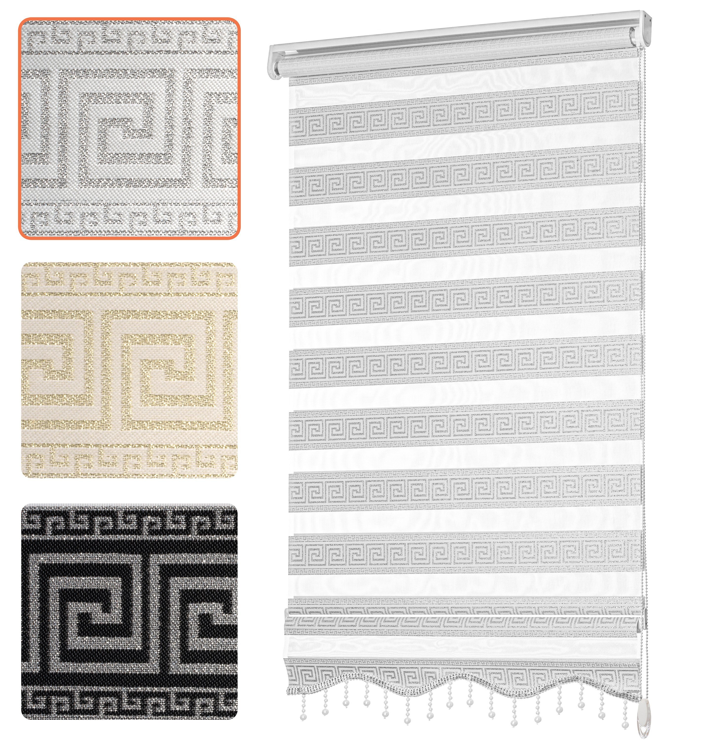 Doppelrollo mit Perlen, Mäander Ornamente Design, Bailena, Lichtschutz